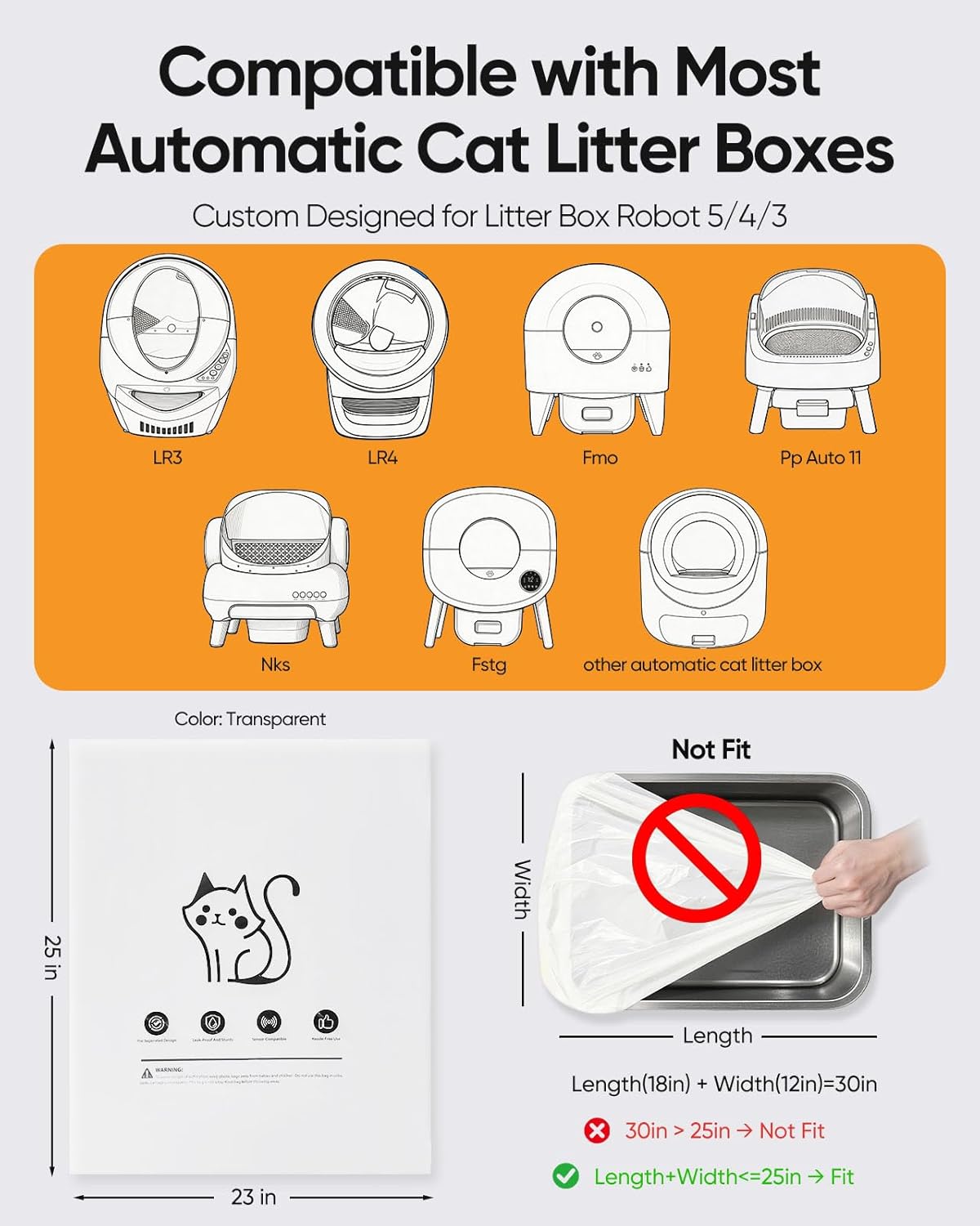 180 Pack Cat Litter Box Robot 5/4/3 Waste Bags,Transparent, Self Cleaning Litter Box Liners Bags for Most Automatic Cat Litter Boxes，Pre-Separated, Heavy Duty, 9-11 Gallon Capacity