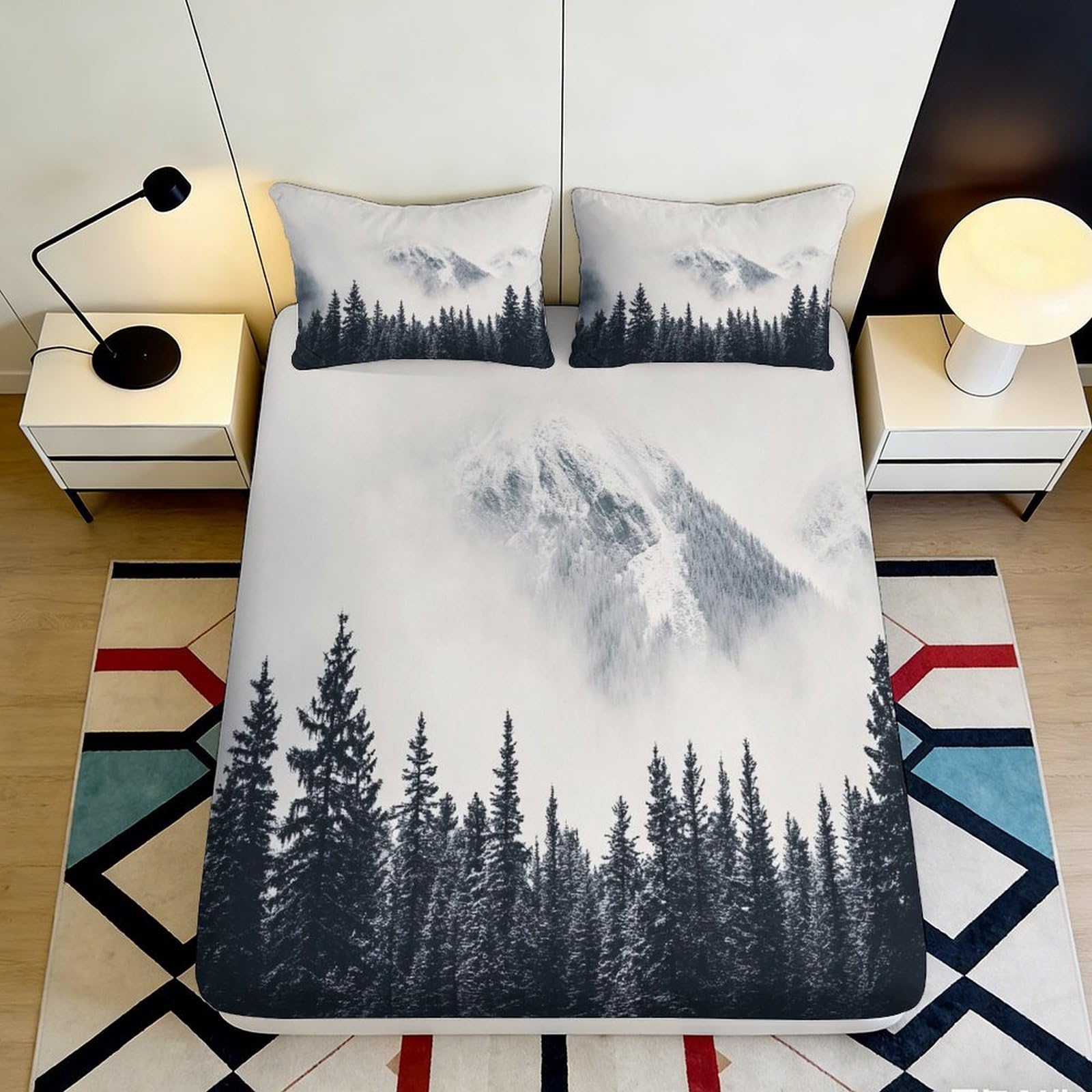3D Printed Snow Mountain Fitted Sheet Microfiber Soft Forest Mattress Cover for Bedroom Guest Room Decor 90x200x25cm
