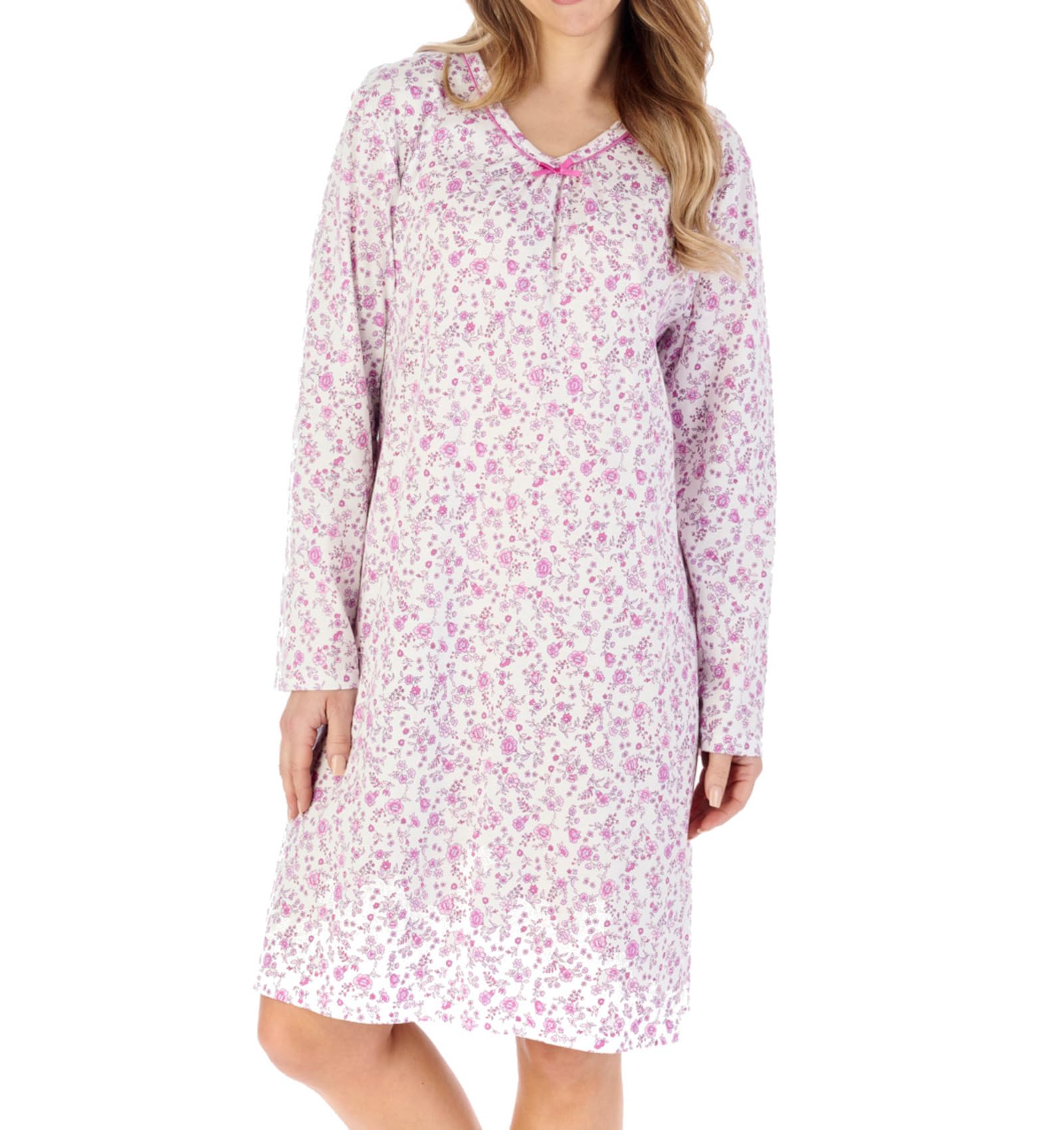 Slenderella Women's Pink Ditsy Floral Jersey Cotton Nightdress Long Sleeve Nightie Uk 16/18 (Pink)