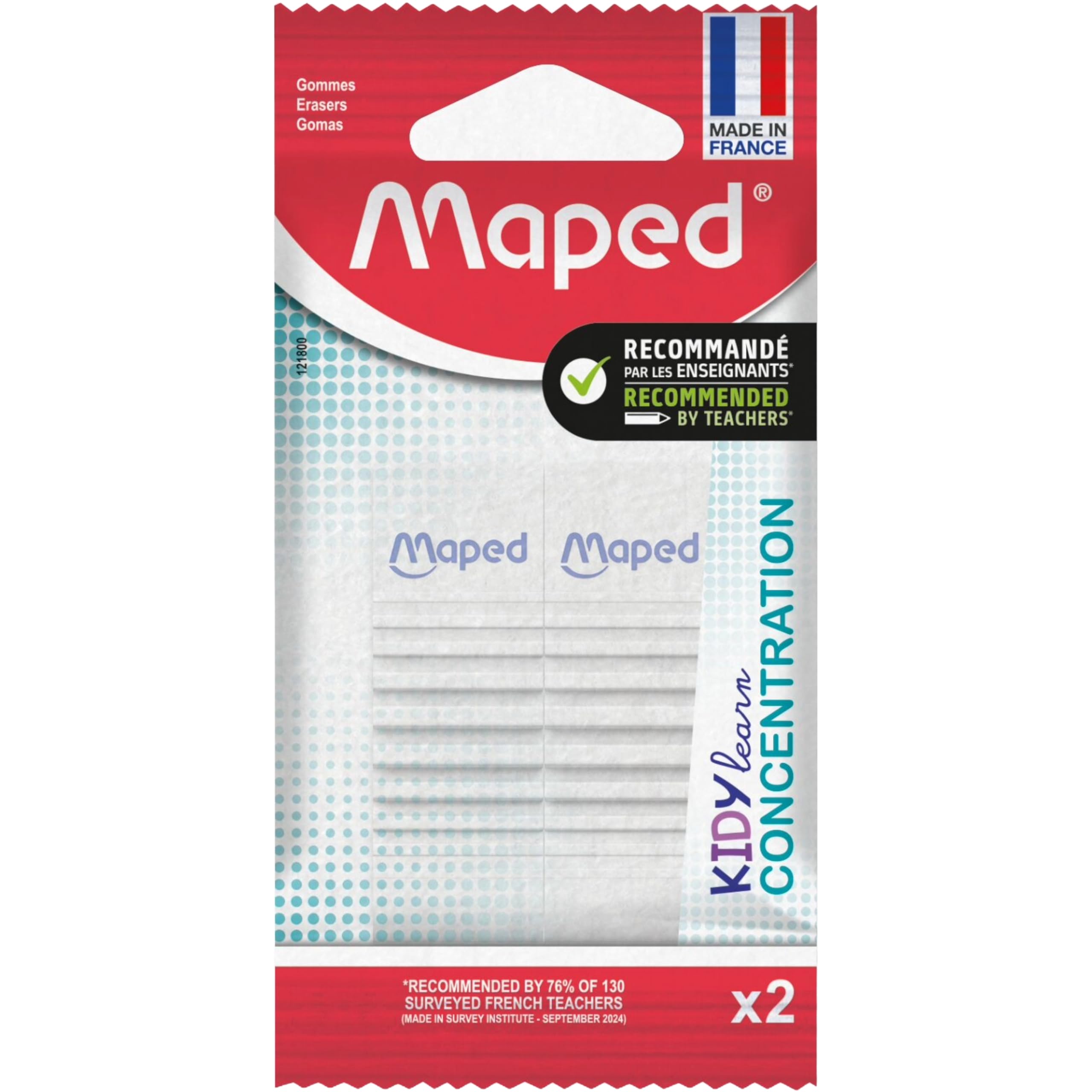 Maped - 2 gomme KIDY LEARN CONCENTRATION - Superficie strutturata - Stimolazione sensoriale - Gomma efficiente - Made in France - Confezione di carta riciclabile