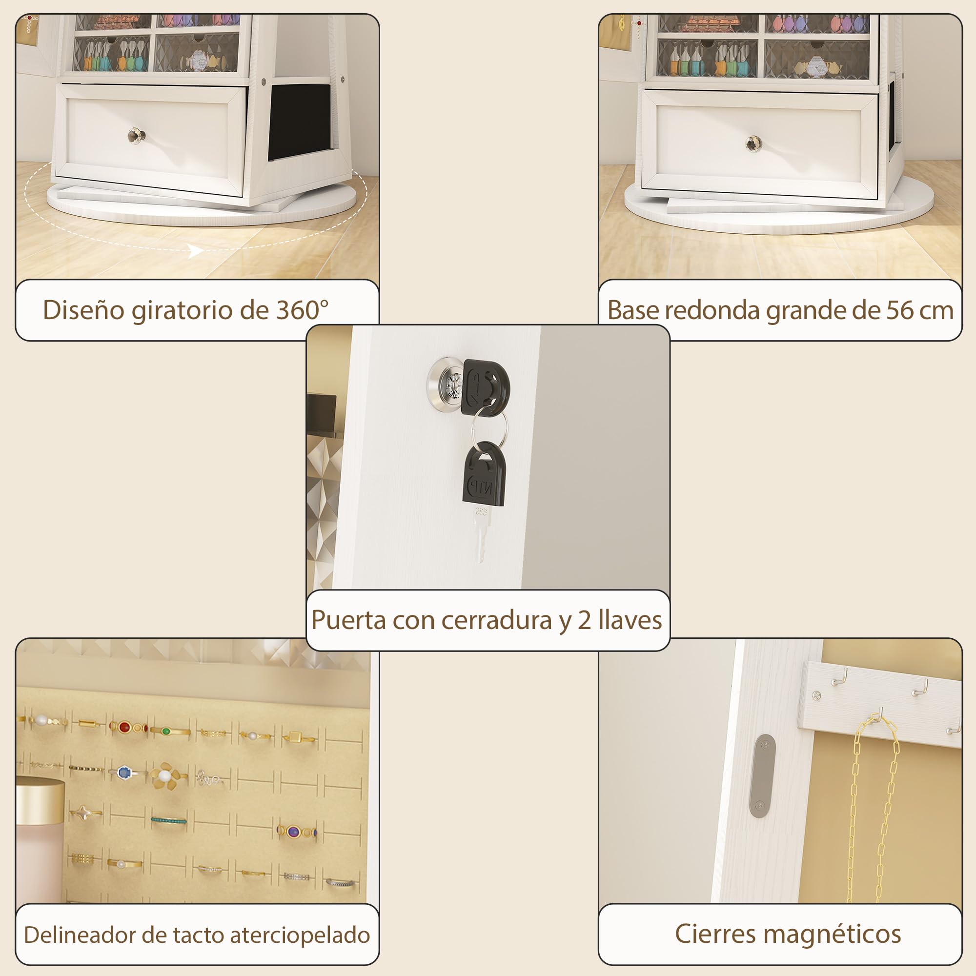 HOMCOM Armario Joyero de Pie con Luces LED, Espejo Cuero Entero, Soporte para Secador, Giratorio 360°, Cajón, Cerradura, Blanco y Beige