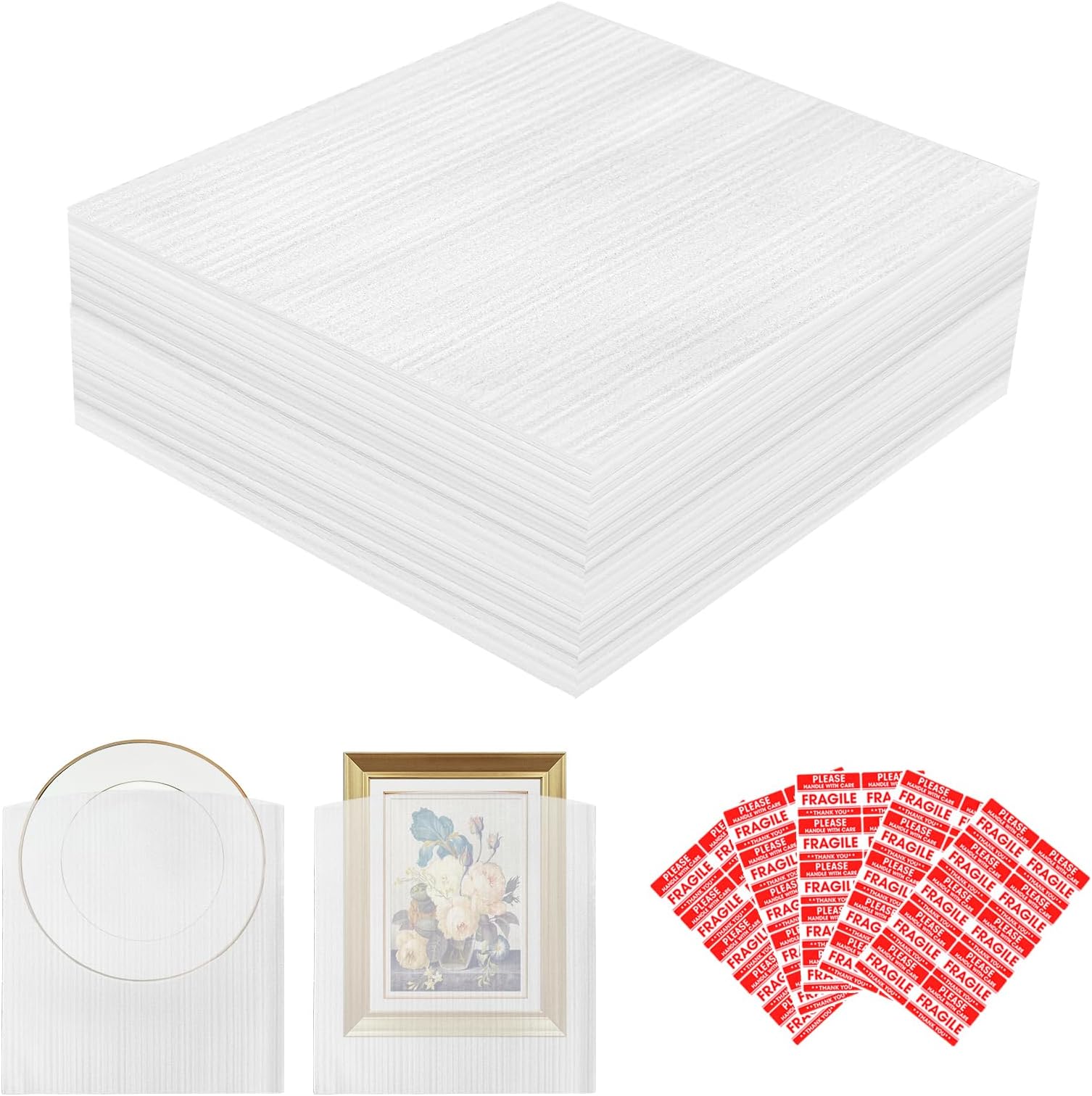 12" x 12" Foam Pouches 100 Pack,1/24" Thick,Cushion Foam Pouches for Packing Storage and Shipping Packing Supplies for Dishes Glasses Packing with 50 Fragile Labels…