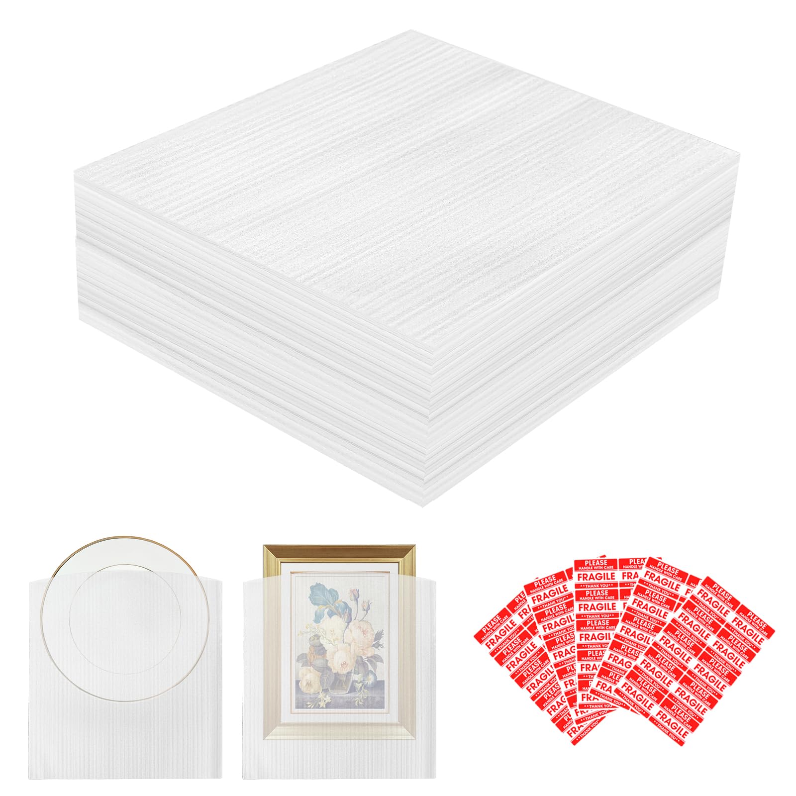 12" x 12" Foam Pouches 100 Pack,1/24" Thick,Cushion Foam Pouches for Packing Storage and Shipping Packing Supplies for Dishes Glasses Packing with 50 Fragile Labels…