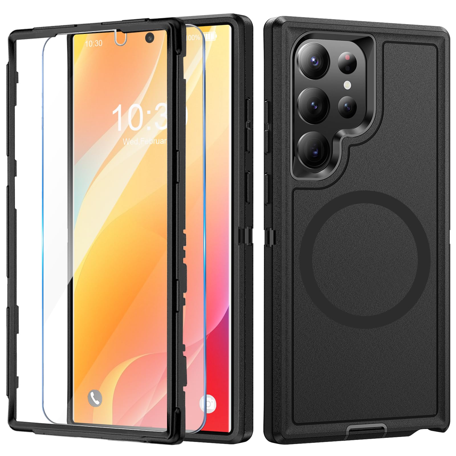 Handyhülle für Samsung Galaxy S24 Ultra Hülle mit Schutzfolie, 360° Stoßfest Robust Panzerhülle für Samsung S24 Ultra 5G Case Cover Schutzhülle mit Magnetisch (Schwarz, Für Samsung Galaxy S24 Ultra)