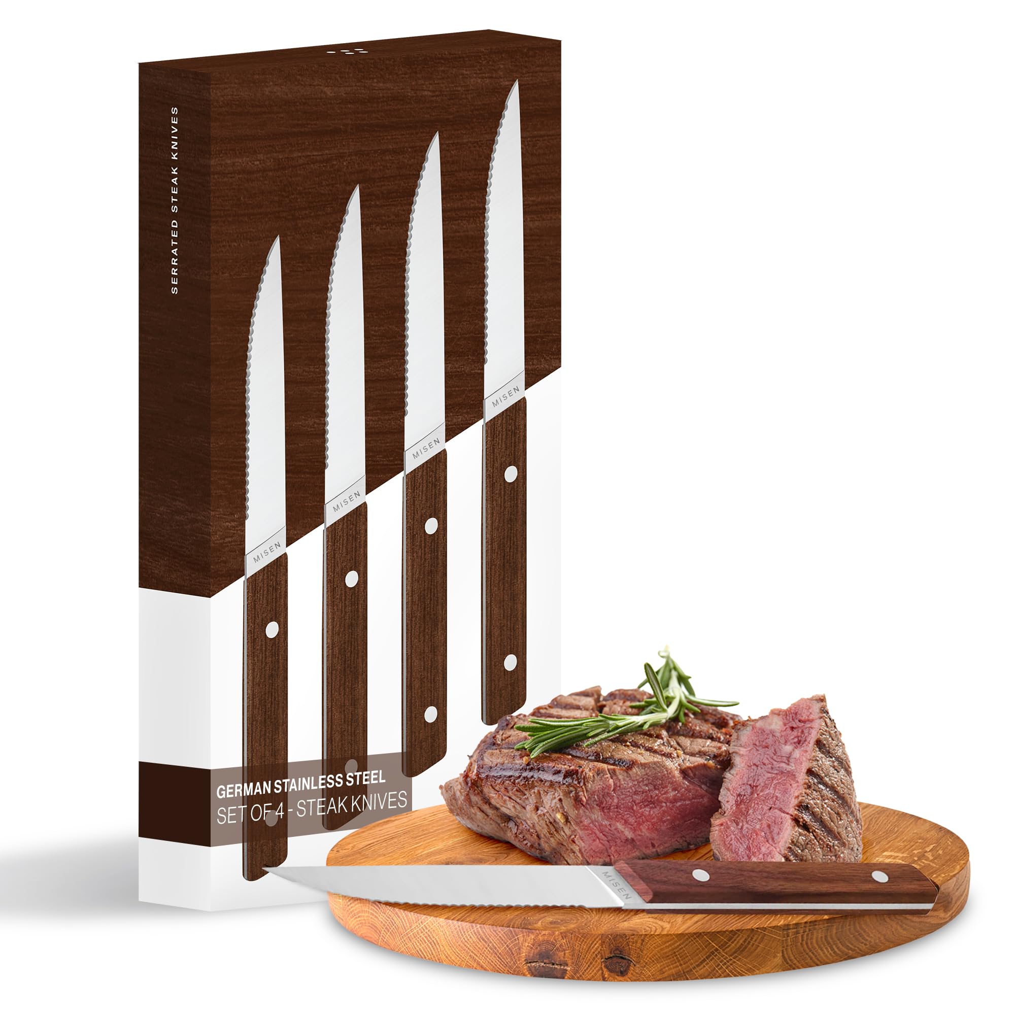Misen Steak Knives Set of 4 - Premium Kitchen Knives for Sharp, Professional, and Elegant Cooking - Serrated Blades for Precision Cutting - 4.5