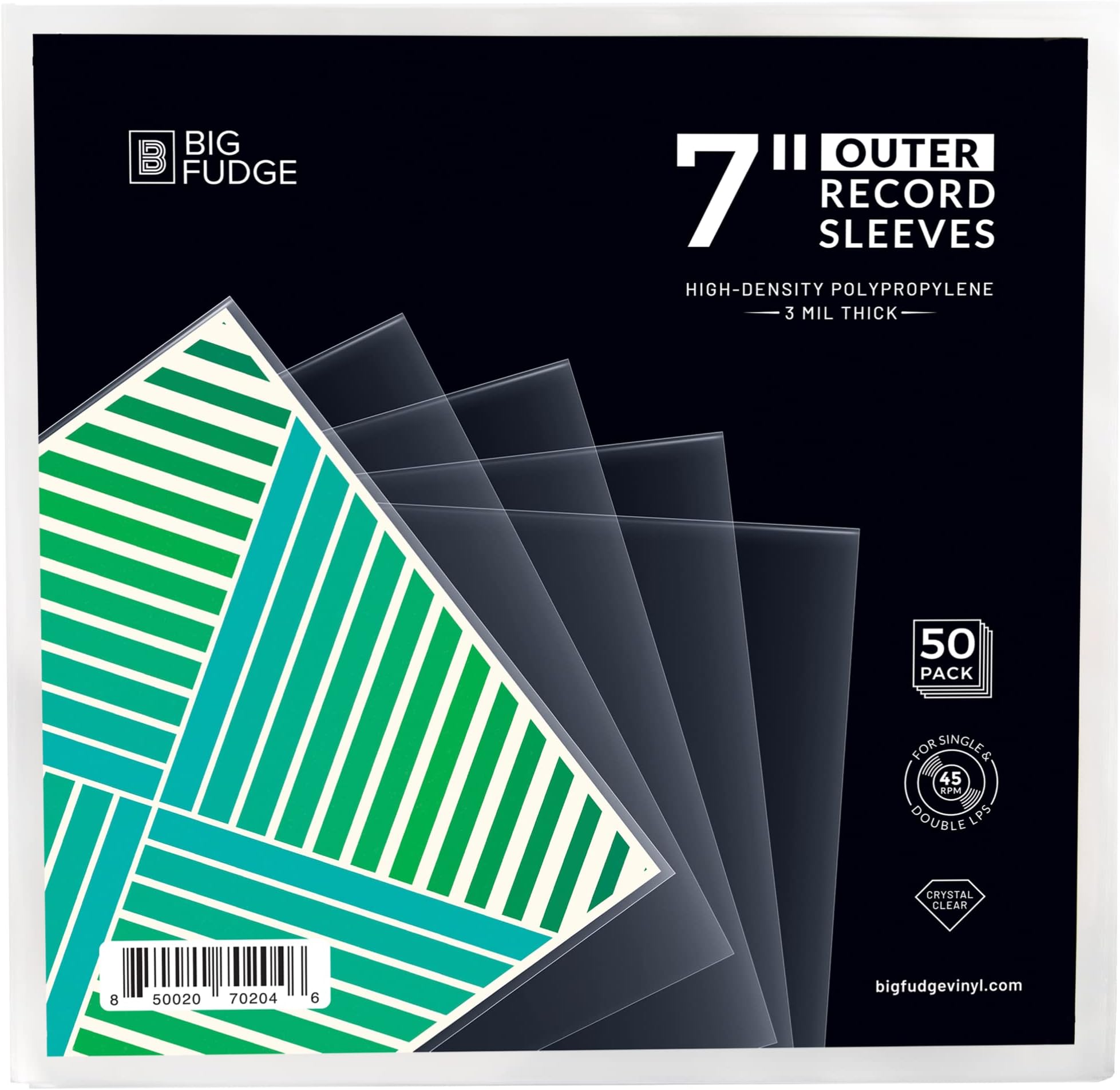 BIG FUDGE Vinyl Record Outer Sleeves - 7 inch x 50pcs - Clear LP Album Covers Made of High-Density Polypropylene Plastic - Durable & Wrinkle-Free - 3 mil Thick, 7.42" x 7.42"
