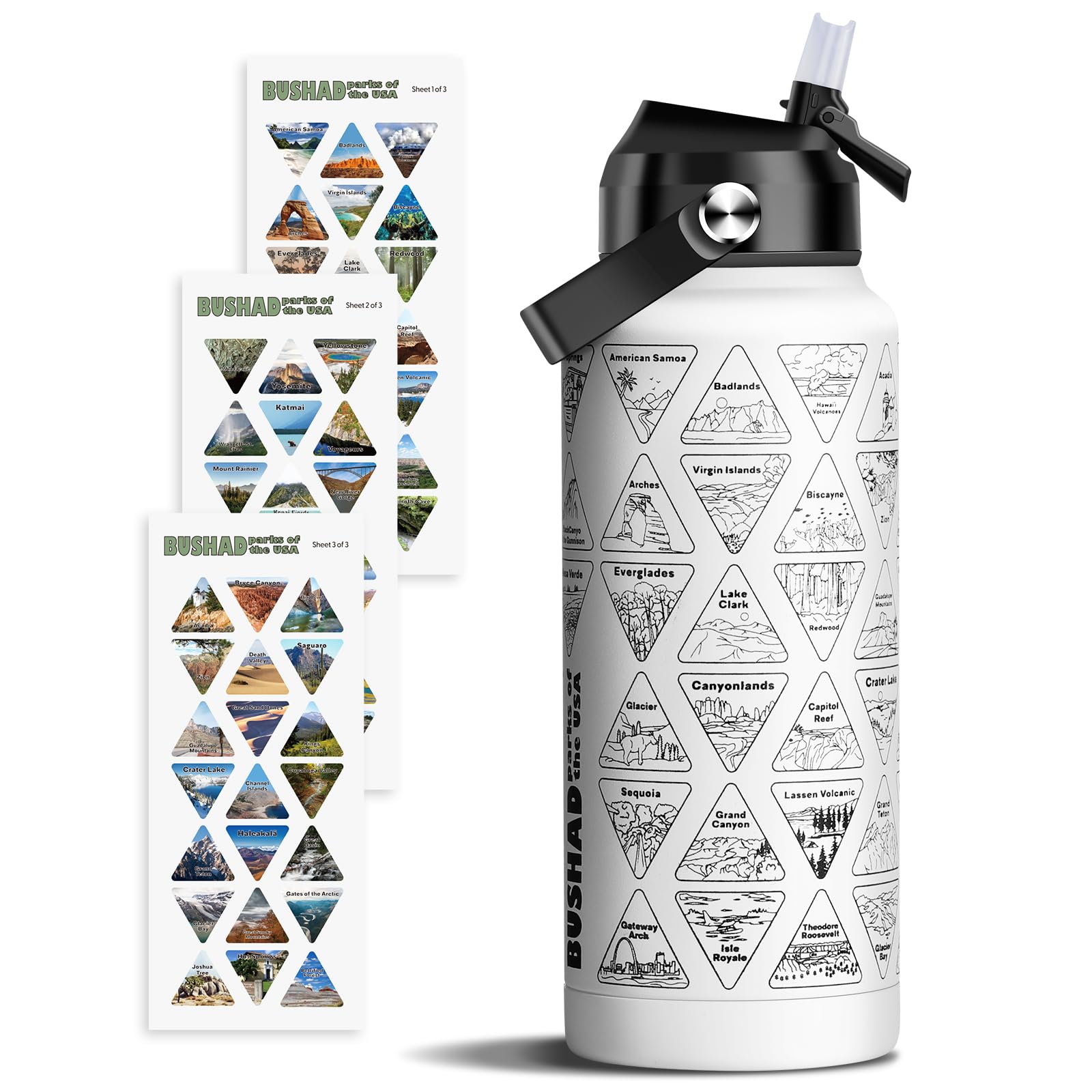 National Parks Water Bottle with Stickers | 32oz Wide Mouth Leakproof Stainless Steel Bucket List Insulated Bottle for Camping & Hiking | Gifts for Hikers | BPA-Free [WHITE]
