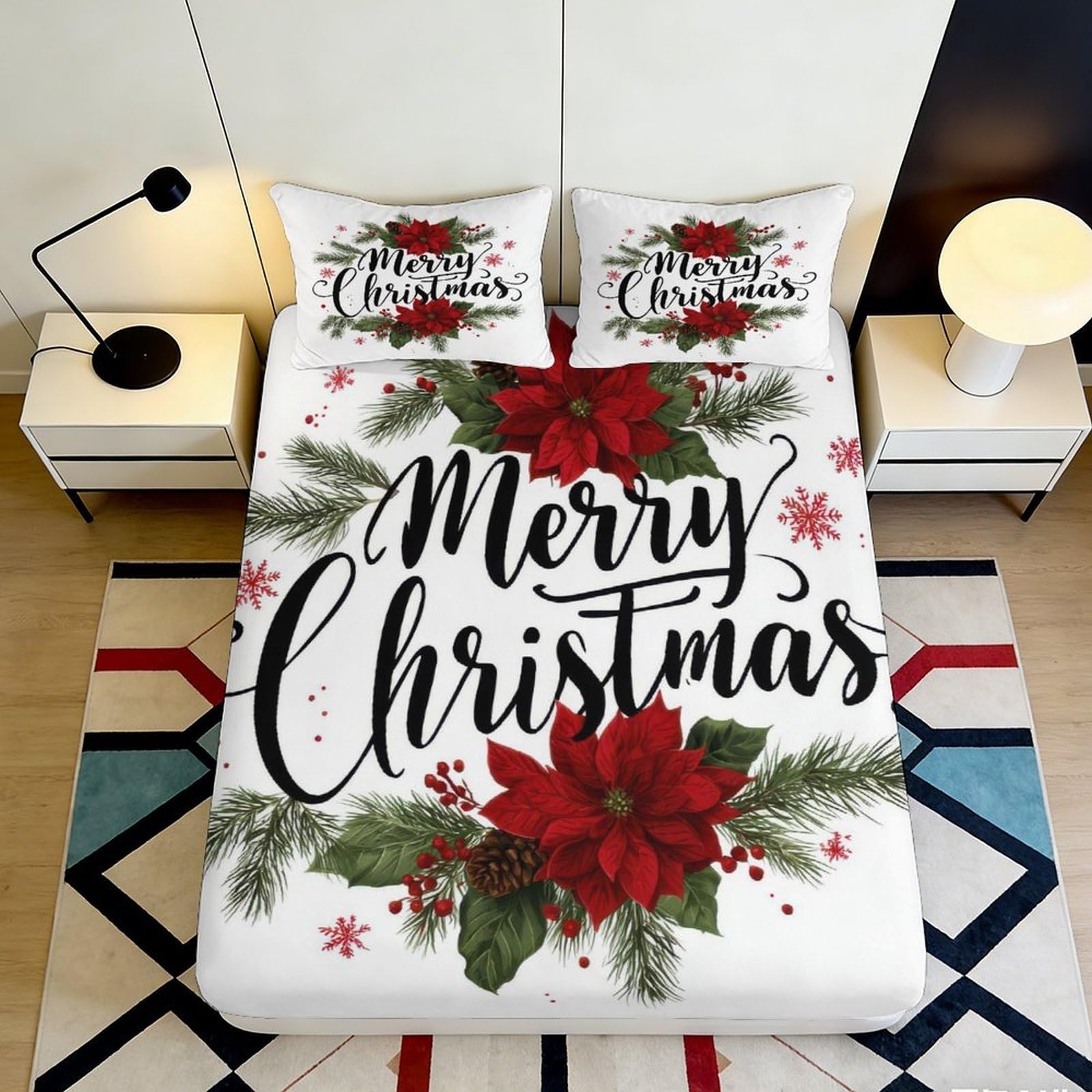 3D Printed Christmas Poinsettia Fitted Sheet Microfiber Soft Decorative Merry Christmas Bed Cover for Bedroom Guest Room 90x200x25cm