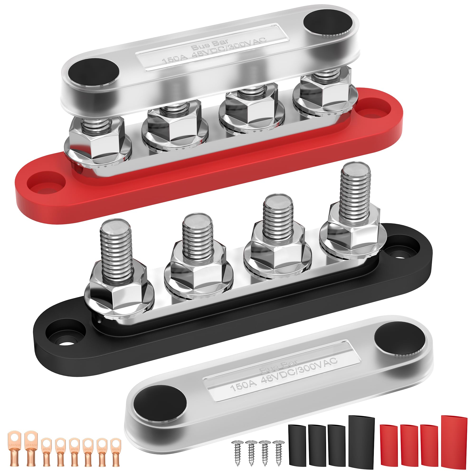 Joinfworld Sammelschiene Busbar 12V,150A Stromverteilungsblock,Marine Stromverteilerblock mit Abdeckung,6x3/8"Anschlussbolzen,bis 150VAC 48VDC,Positive & Masse-Sammelschiene für Auto
