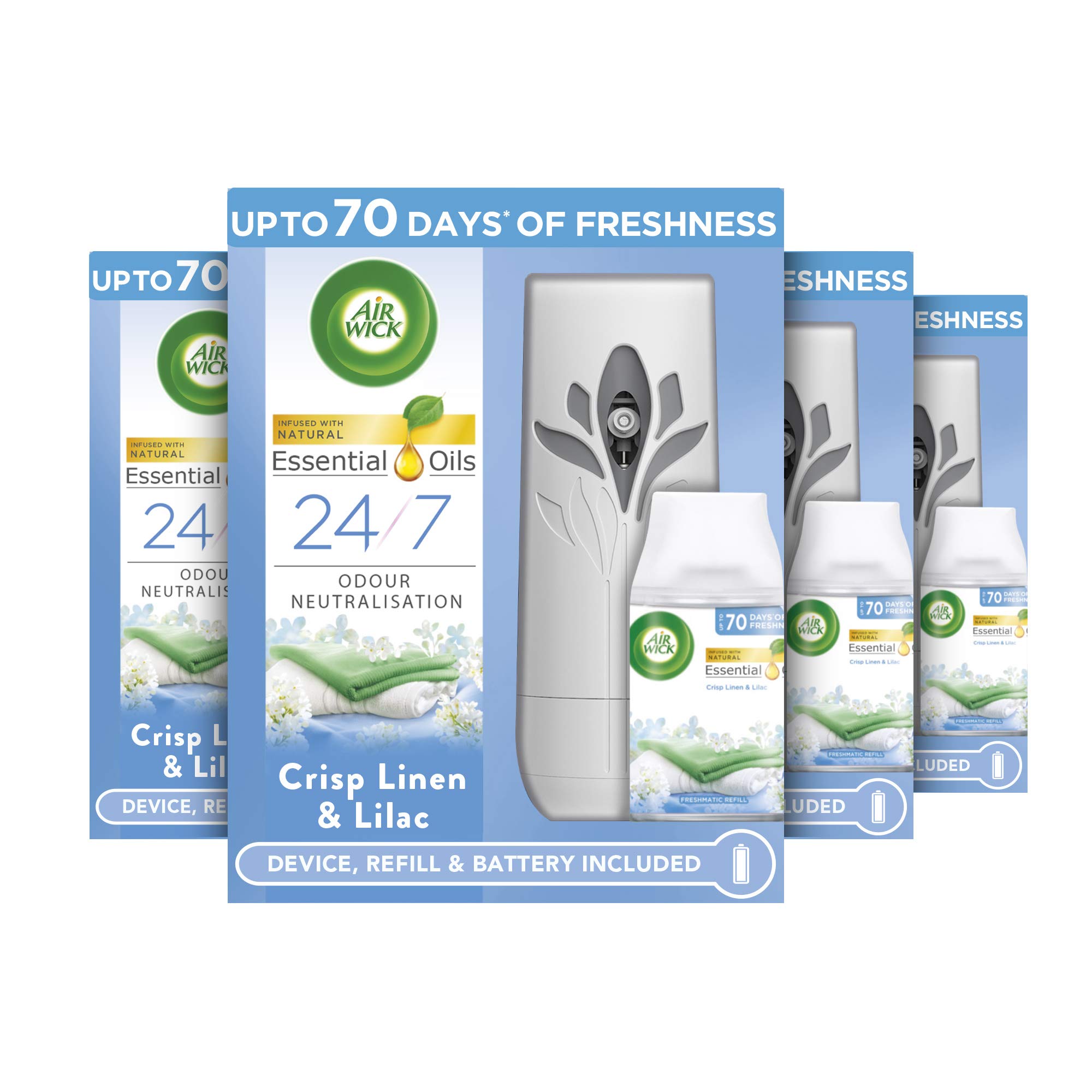 AirwickEssential Oils Freshmatic Air Freshener, Autospray Kit - Gadget & Refill, Crisp Linen & Lilac (4 Refills X 250ml)