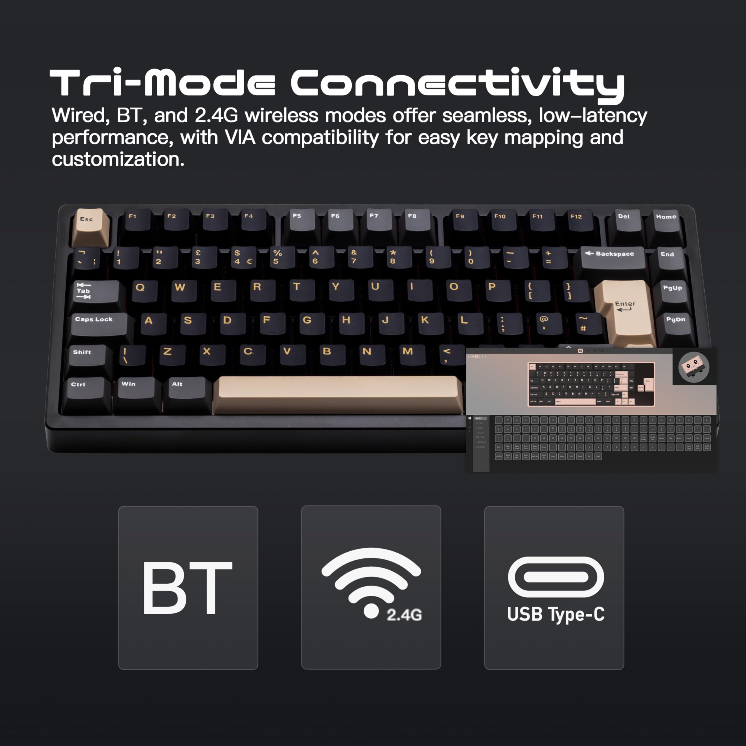 WOBKEY Rainy 75 Aluminum Cocoa Switch Mechanical Keyboard with Superior Acoustics, Wired, BT, 2.4G wireless Connectivity (Pro - Black(UK-ISO)) — view 6