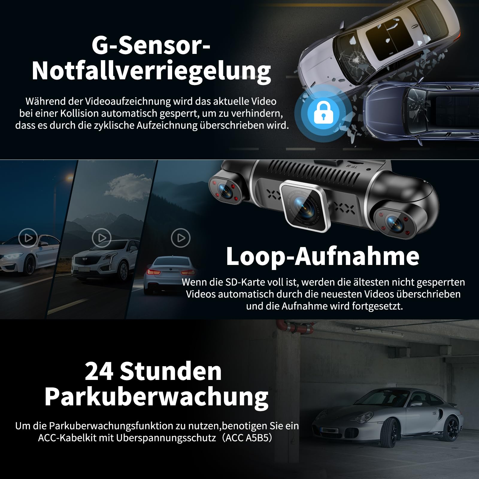 Dashcam Auto Vorne Hinten 4K/1080P,4 Kanal Auto Kamera mit 64GB SD-Karte | 360°Dash Cam mit parküberwachung,4X140° Weitwinkel,3" IPS-Bildschirm,Super Nachtsicht,WDR,G-Sensor,Loop-Aufnahme,cable App