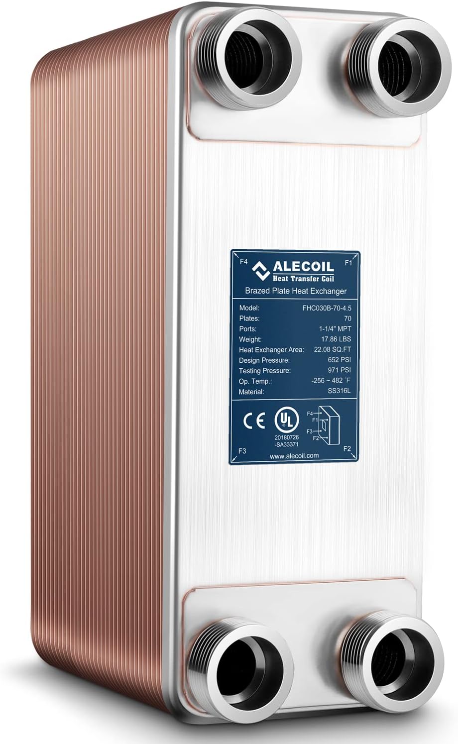 ALECOIL 5"x12"-70 Plates Heat Exchanger with 1-1/4" MPT Port Water to Water 316L Stainless Steel Brazed Plate Heat Exchanger for Water Heating, Floor Heating, Industrial and Commercial Refrigeration
