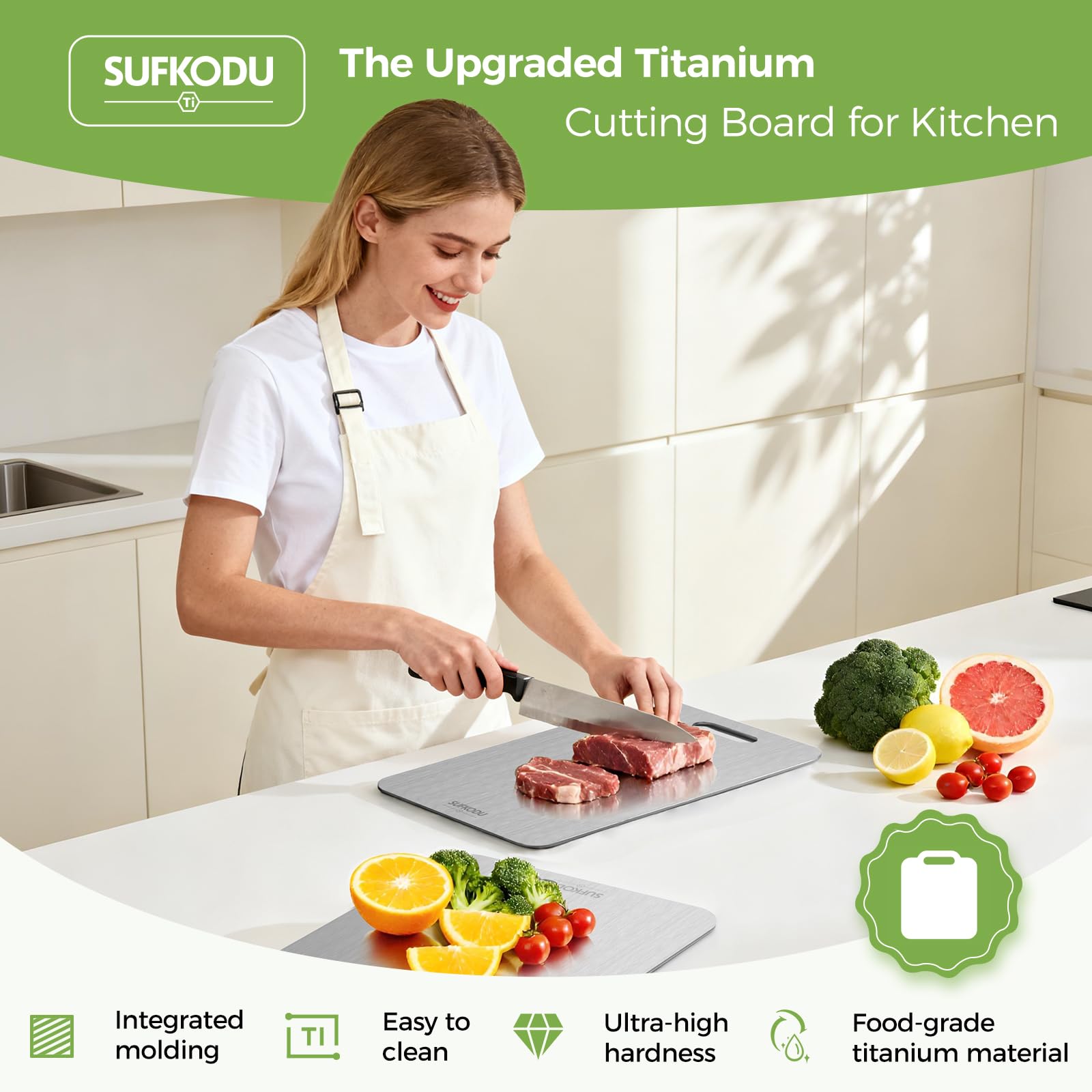 Condition photo showing New/Like New for titanium cutting board set of 3, 100% double-sided titanium cutting boards for kitchen, dishwasher safe non-toxic chopping boards for meat, vegetables, fruits, raw and cooked food prep (m+l+xl)
