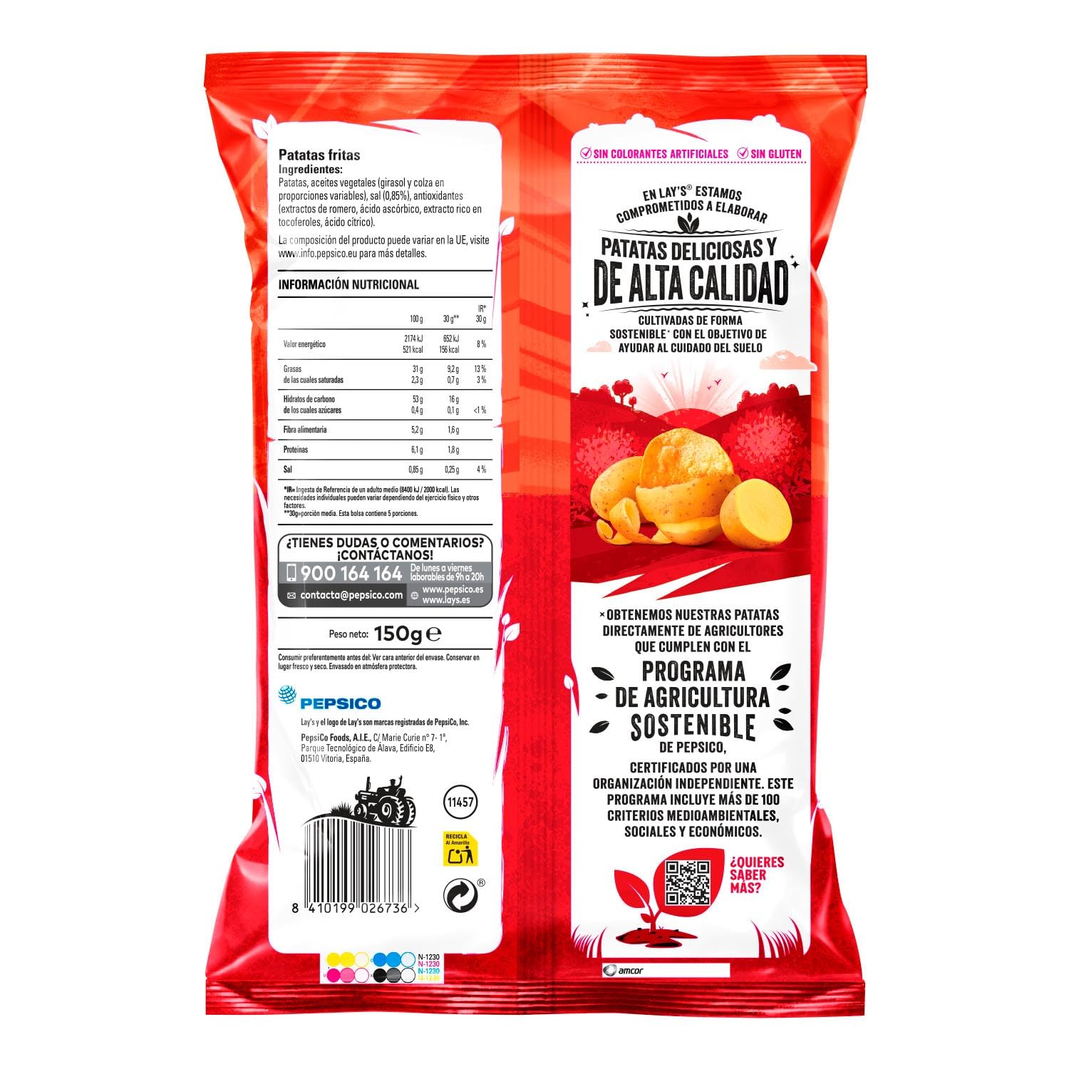 LAY’S Patatas Fritas Al Punto de Sal para Aperitivo y Consumo Diario, Bolsas Individuales de 150 g, Pack de 15, Incluye Bowl de Regalo