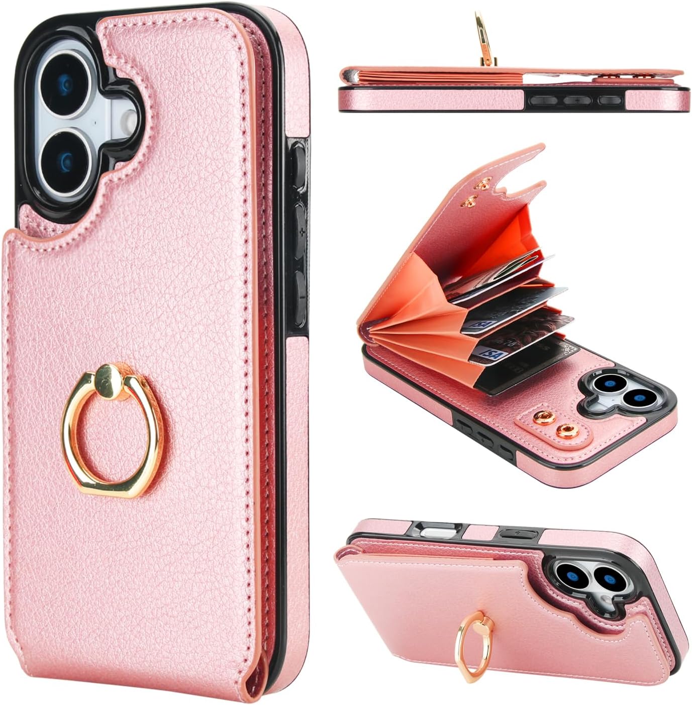 Folosu Compatible with iPhone 17 Case Wallet with Card Holder, 360°Rotation Finger Ring Holder Kickstand, RFID Blocking Leather Protective Double Buttons Shockproof Cover 6.3 Inch Rose Gold