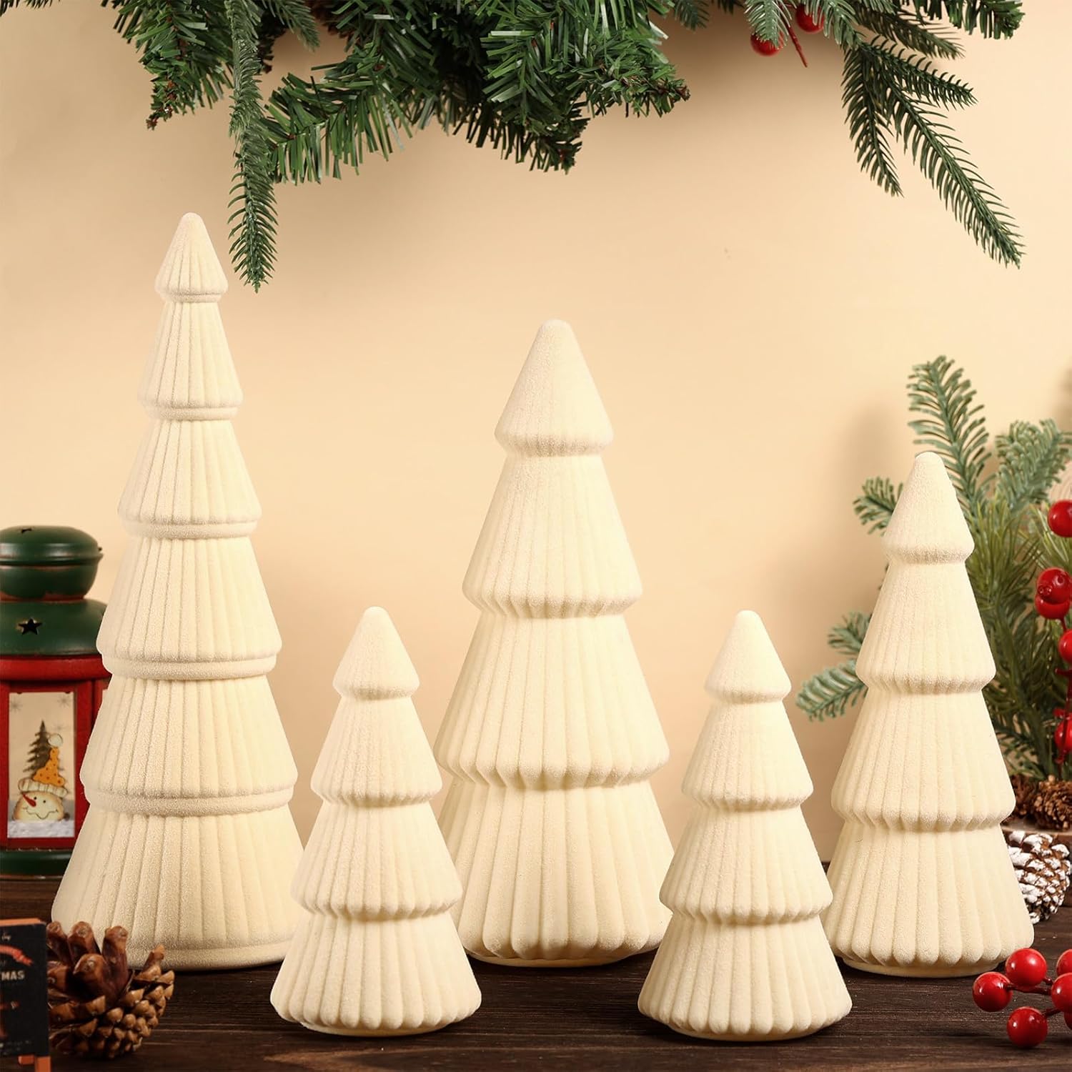 5 Pieces Christmas Velvet Trees Set Modern Christmas Decor 4 Szies Christmas Velvet Cone Trees Table Decoration Winter Decoration for Entryway Mantle Farmhouse(Wine Red)