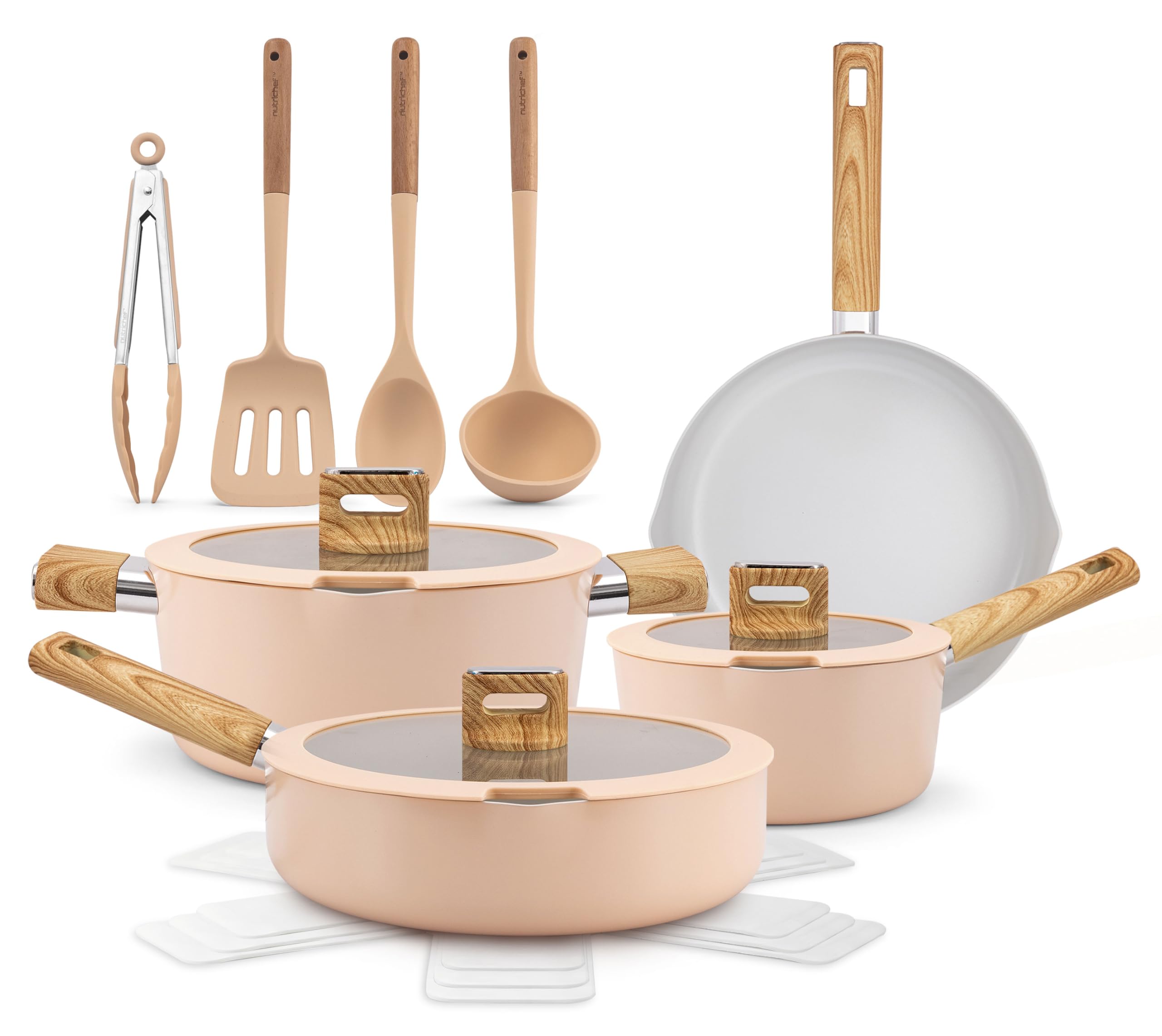 NutriChef Ceramic Pots and Pans Set Non Stick 14 Piece – Induction Hob Cookware Set with Glass Lids, Even Heat Distribution, Pink