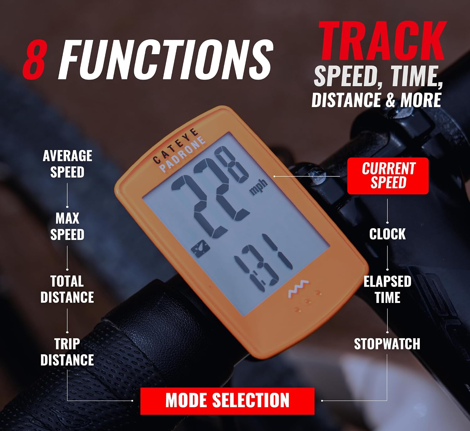 CATEYE Padrone Wireless Bike Computer – Oversized Display Cyclocomputer, Wireless Speedometer & Odometer, FlexTight™ Mount, Auto Start/Stop, Programmable Odometer image 4