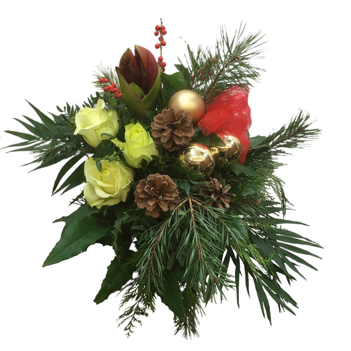 Blumenstrauß „Weihnachtsglück“ – Festlicher Weihnachtsstrauß mit Amaryllis & Rosen, Tannengrün, Beeren & Deko | Winterstrauß Weihnachten – Stilvolle Geschenkidee, frisch gebunden