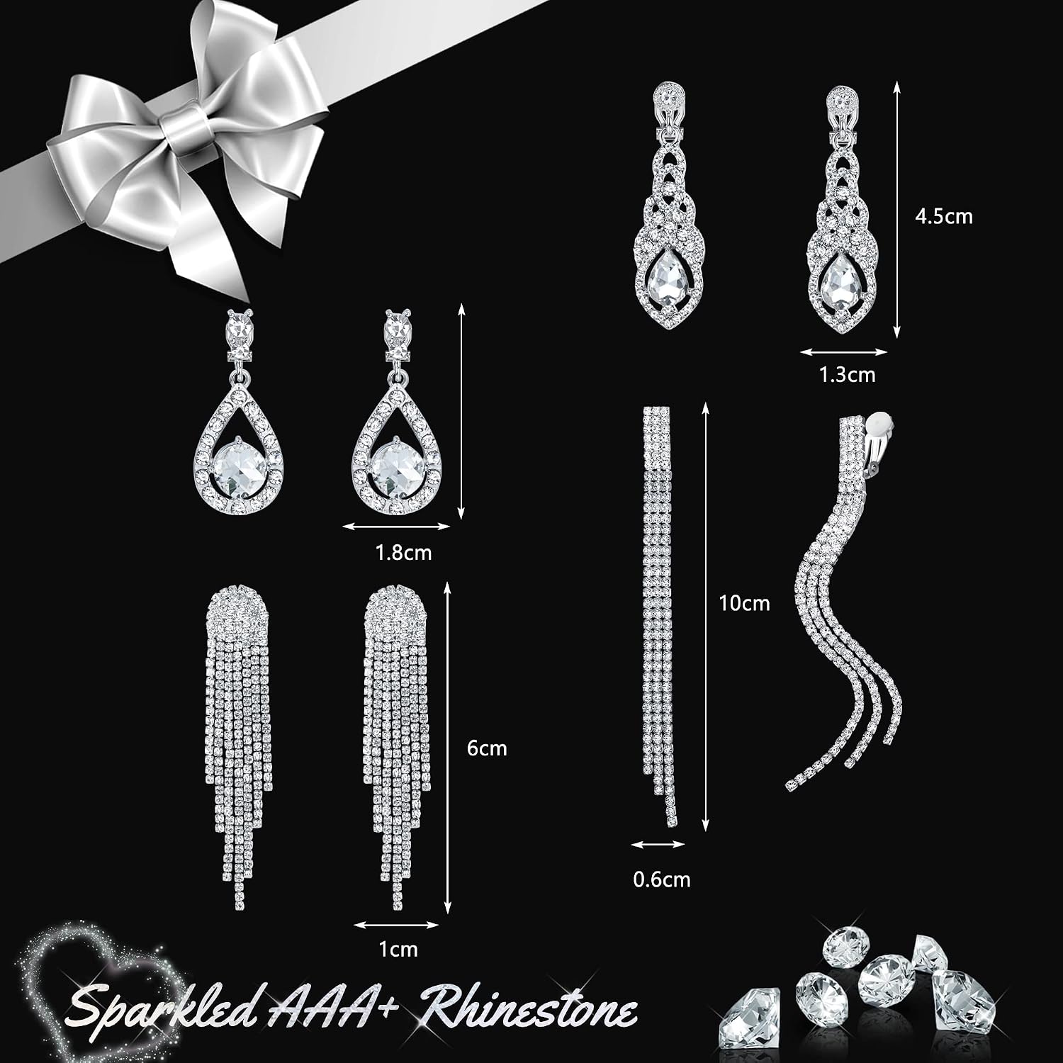THUNARAZ 4 Pairs Silver Clip on Earrings for Women, Sparkly Rhinestone Tassel Chandelier Teardrop Dangle Earrings for Brides Bridesmaids Non Pierced Prom Jewelry Set