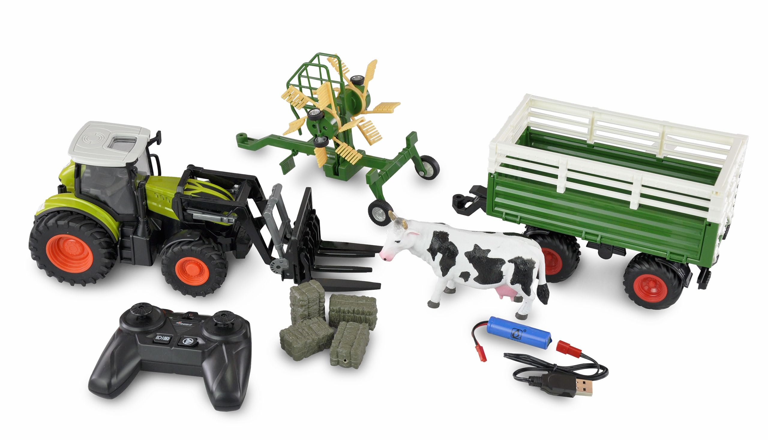 Amewi trattore con pacchetto di accessori XL, luce e suono, 1:24 RTR verde RC telecomandati