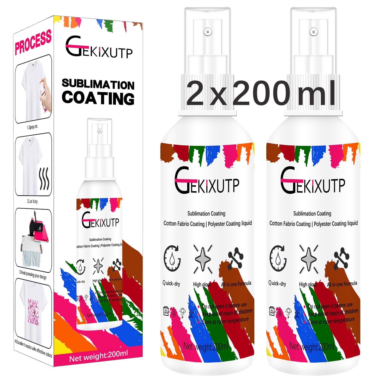 2 x 200ml Sublimation Spray for Cotton Tshirts,Sublimation Coating Spray for T-Shirts,Canvas, Polyester Fabric,Quick Dry, High Gloss,Polyester Spray for Sublimation