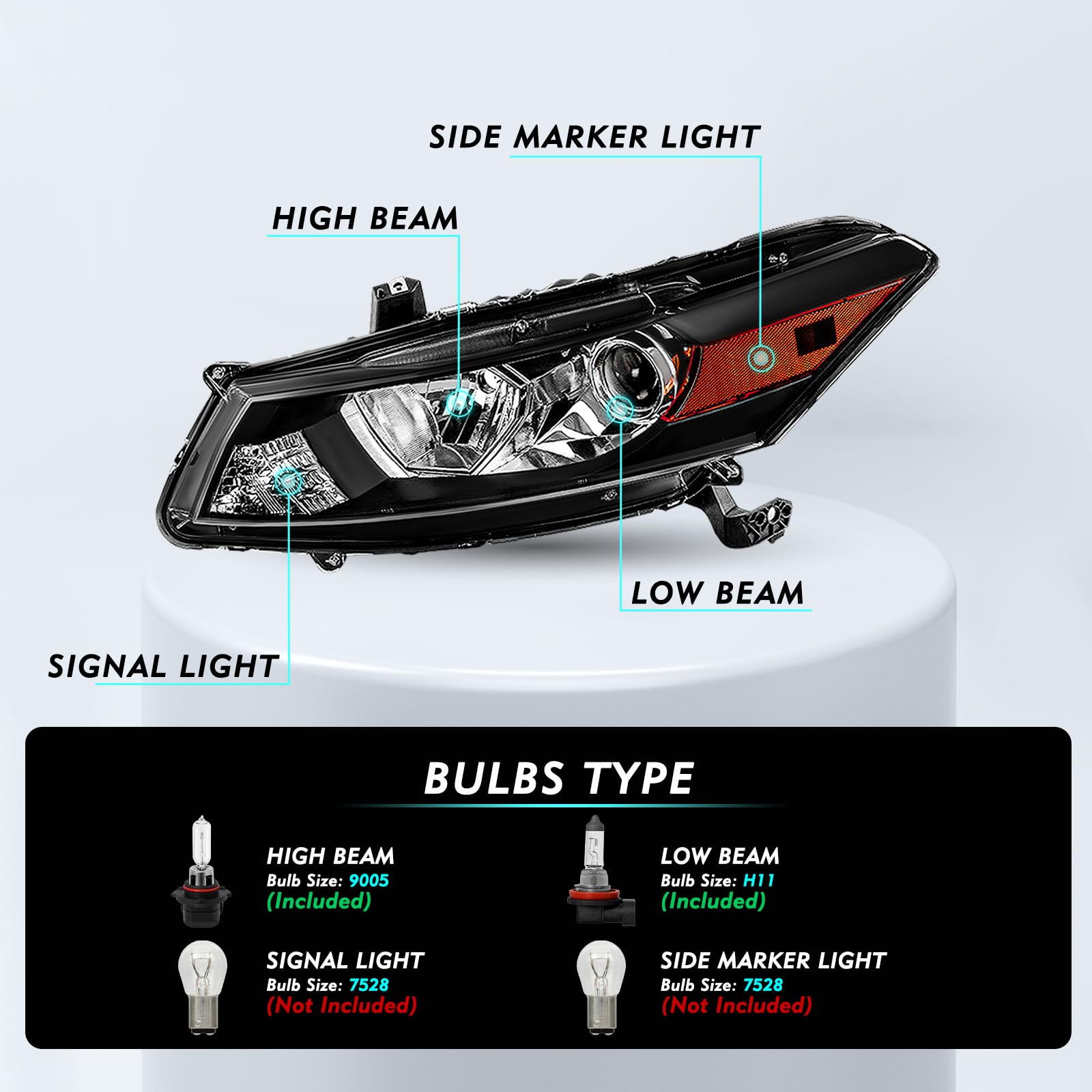 TUSDAR Headlight Assembly Pair [Bulbs Included] Compatible with 2008-2012 Honda Accord 2-Door Coupe OEM Projector Headlamp (Black Housing with Amber Reflector)