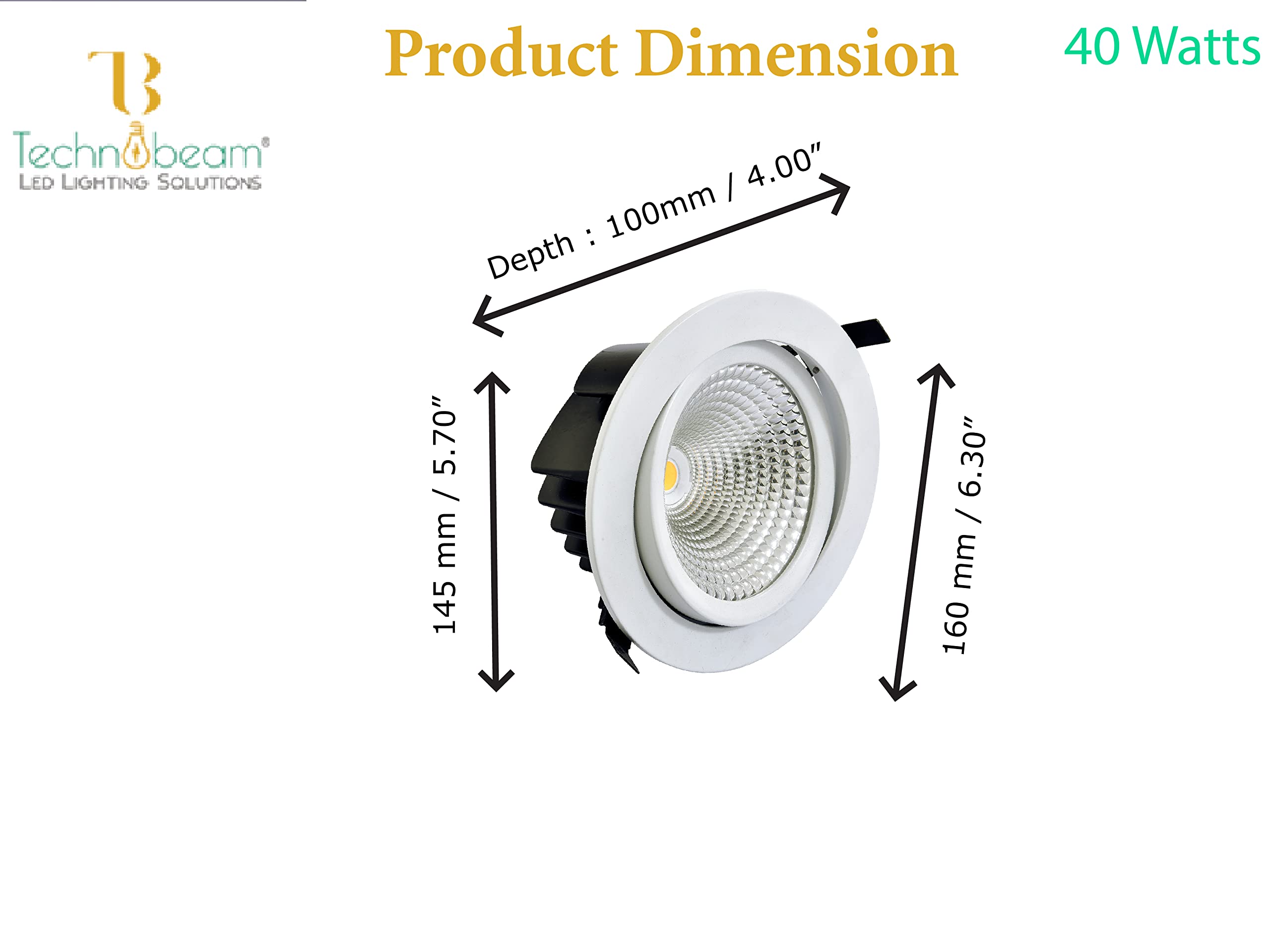 Technobeam 40 Watt Natural White: 4000K LED Theta cob round Light, Spot Light/For POP False Ceiling With Die Casted Aluminium Body For Home and Office (Pack of 10, 40 Watt) 3