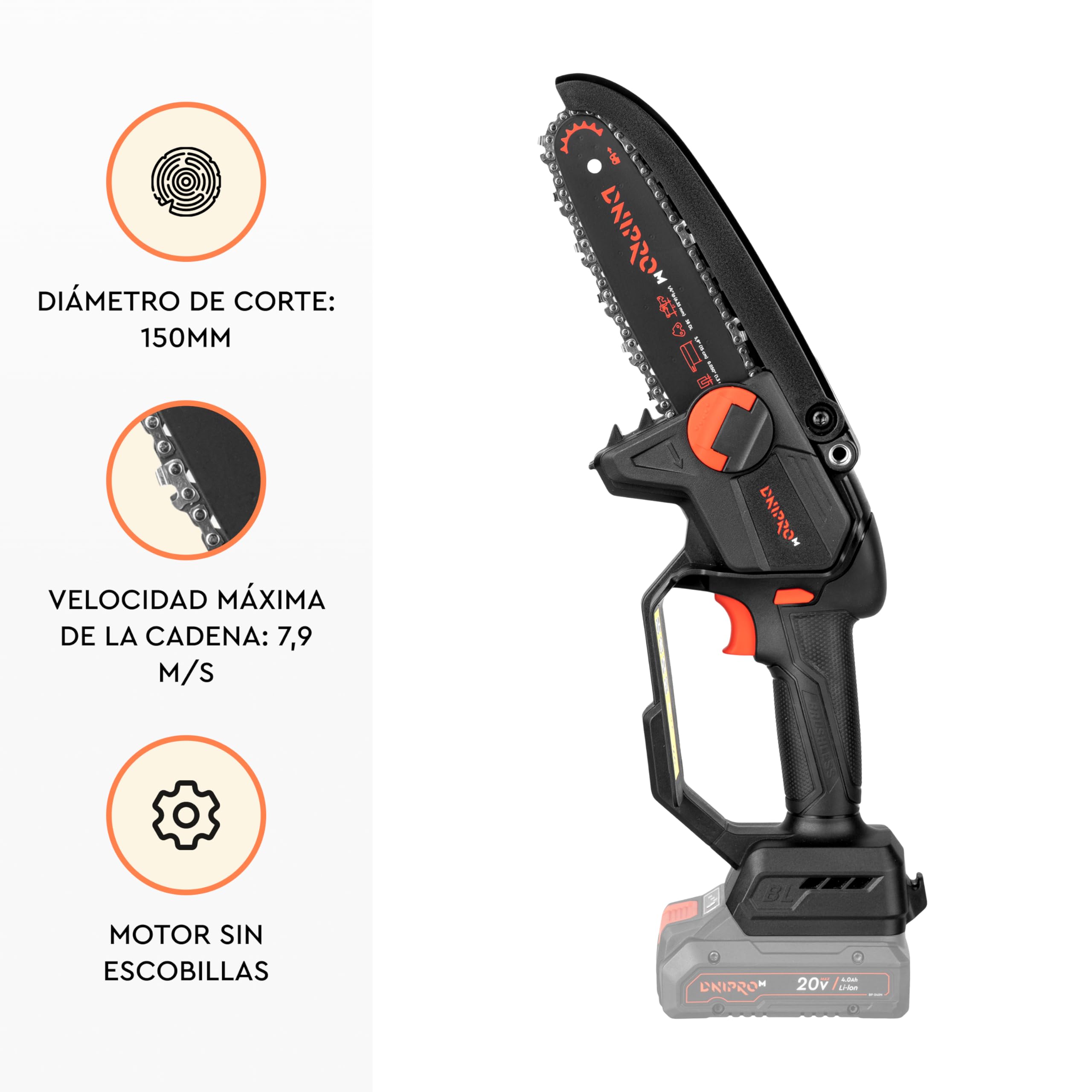Mini Motosierra Batería DMS-200BC - Motor Brushless 20V, 5.300 RPM - Motosierra Eléctrica Pequeña Compacta, Guía 15 cm, Cadena 7,9 m/s, Engrase Automático - con Bateria 4Ah y Cargador - Por Dnipro-M