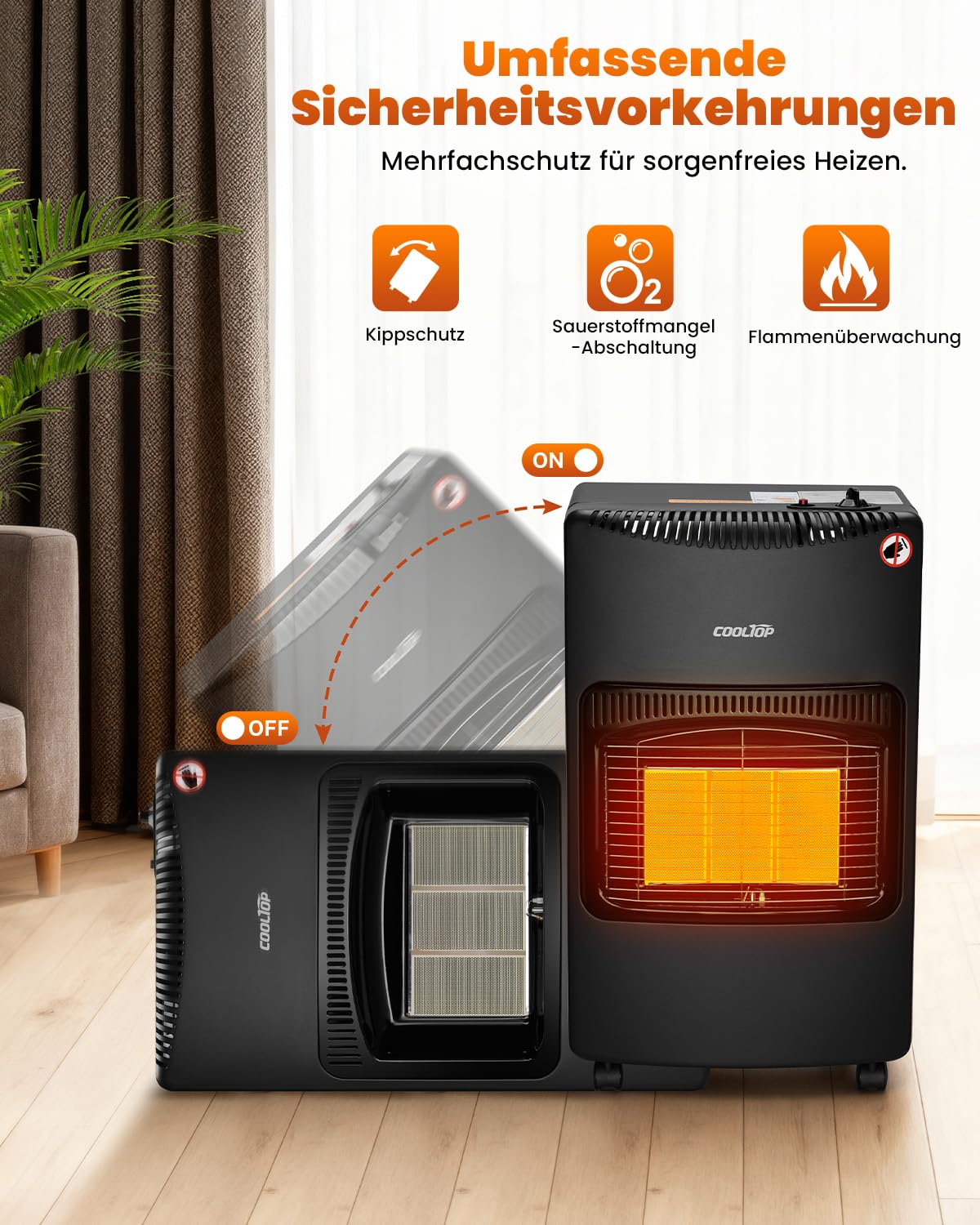 Cooltop 4200W Keramik Gasheizer, Gasheizung Für Innenräume, Heizstrahler Gas Für Butan-oder Propangasflaschen bis 15kg, Ohne Gasflasche, inkl. Druckregler, Gasschlauch (Schwarz)
