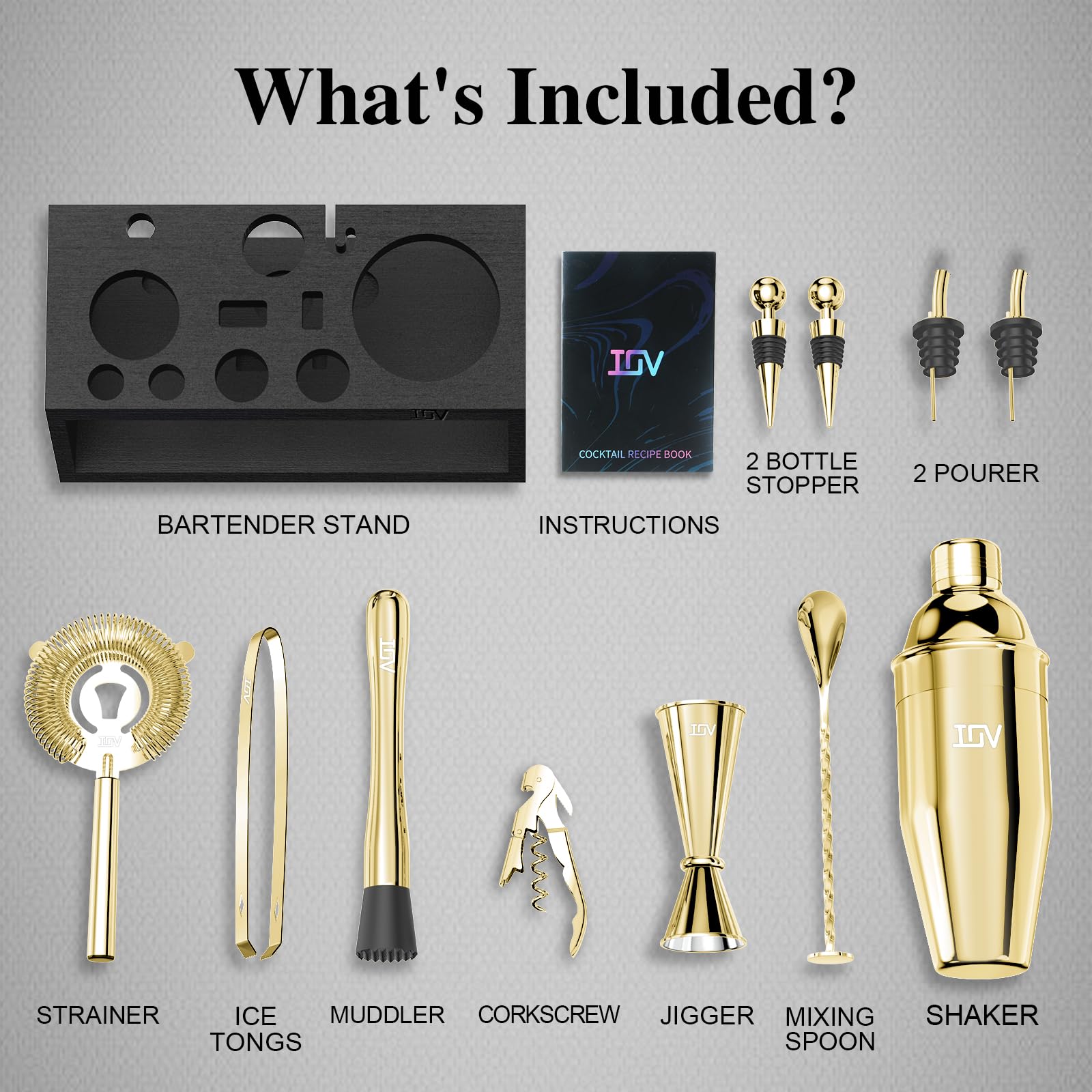 IOV Mixology - Kit da barista con supporto, set da 12 shaker per cocktail, shaker per martini da 680,4 g, per mescolare bevande, set da bar include tutti gli strumenti da bar e il libretto di ricette,