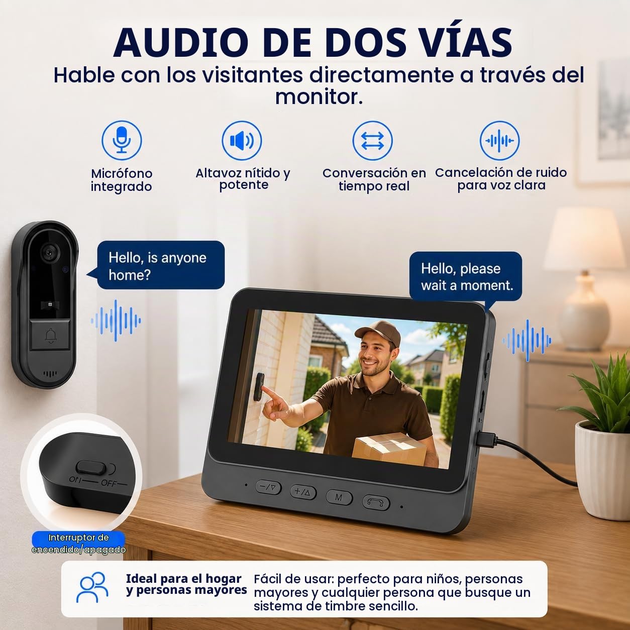 Winnes - Timbre inalámbrico con cámara de vídeo Bluetooth con Pantalla IPS de 4.3 Timbre inalámbrico Exterior Impermeable 170° visión Nocturna Portero Video Audio bidireccional, no WiFi, no App