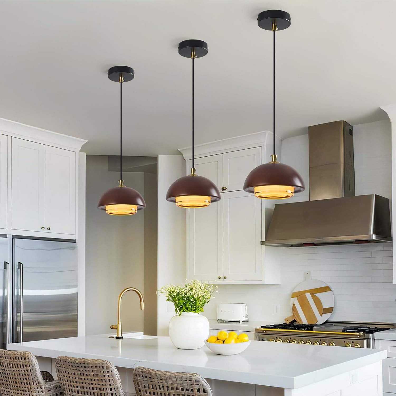 Wood Pendant Light Kitchen Island, Natural Solid Wood Farmhouse Pendant Lights with Glass Shade LED Hanging Light for Dining Room Bedroom Bar Entryway Corridor