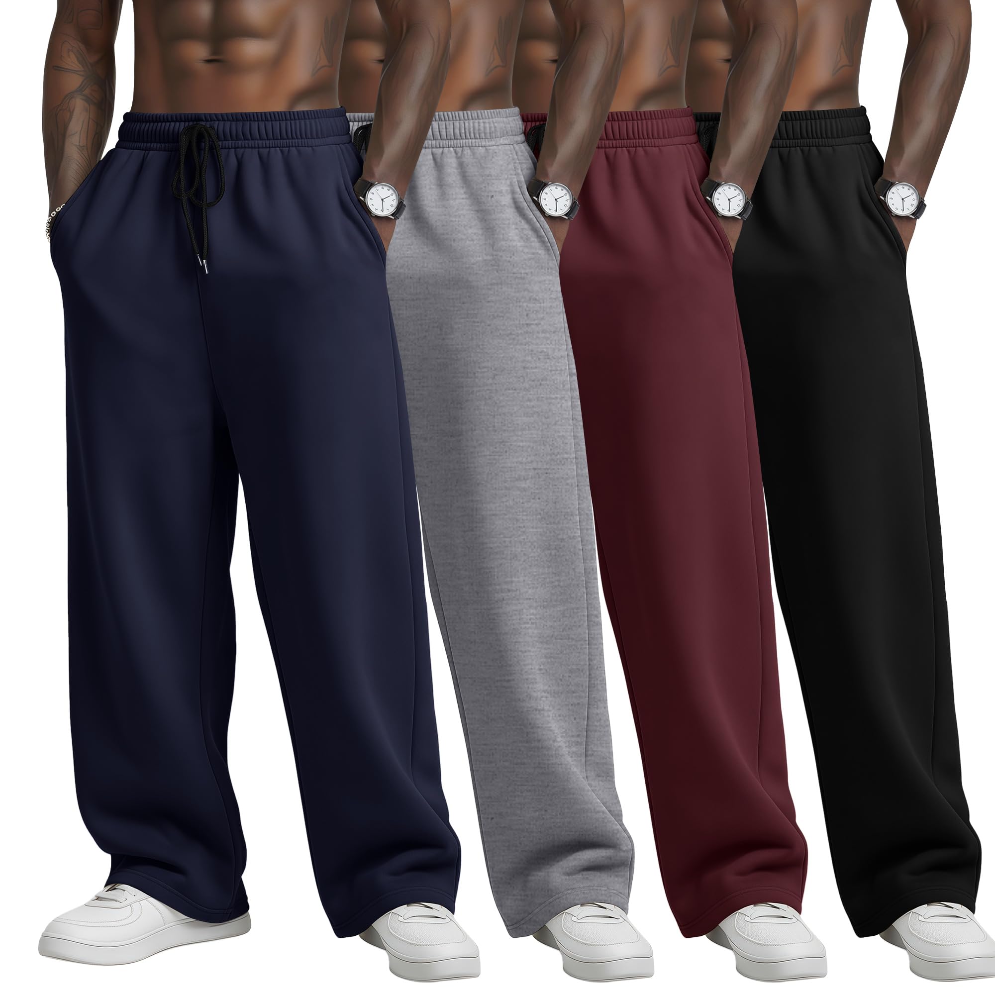 4 Pack Mens Big and Tall Sweatpants Athletic Workout Lounge Open Bottom Pants Drawstring Joggers with Pockets