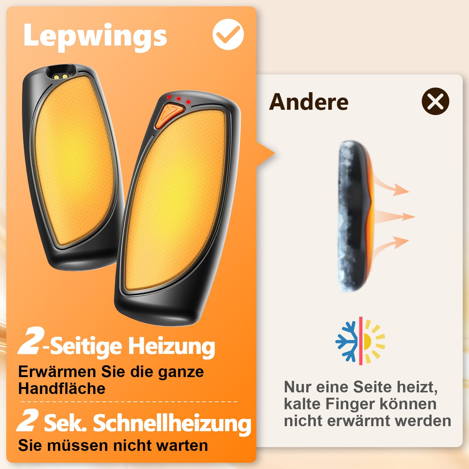 Lepwings Handwärmer Elektrisch 2er-Pack mit Ladecase, 14.000 mAh, Wiederverwendbare Taschenwärmer, Beidseitige Heizfunktion, 3 Heizmodi, USB-Aufladbar, Ideal für Outdoor im Winter