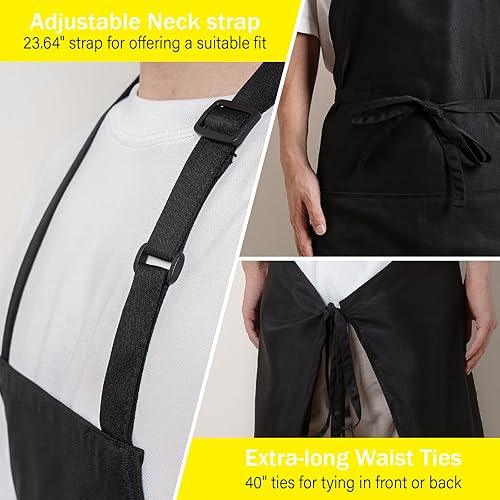 Miniatura 6 de Delantal negro extra grande para hombre, delantales ajustables con 2 bolsillos, para cocinar, cocinar, cocina, resistente al agua y al aceite