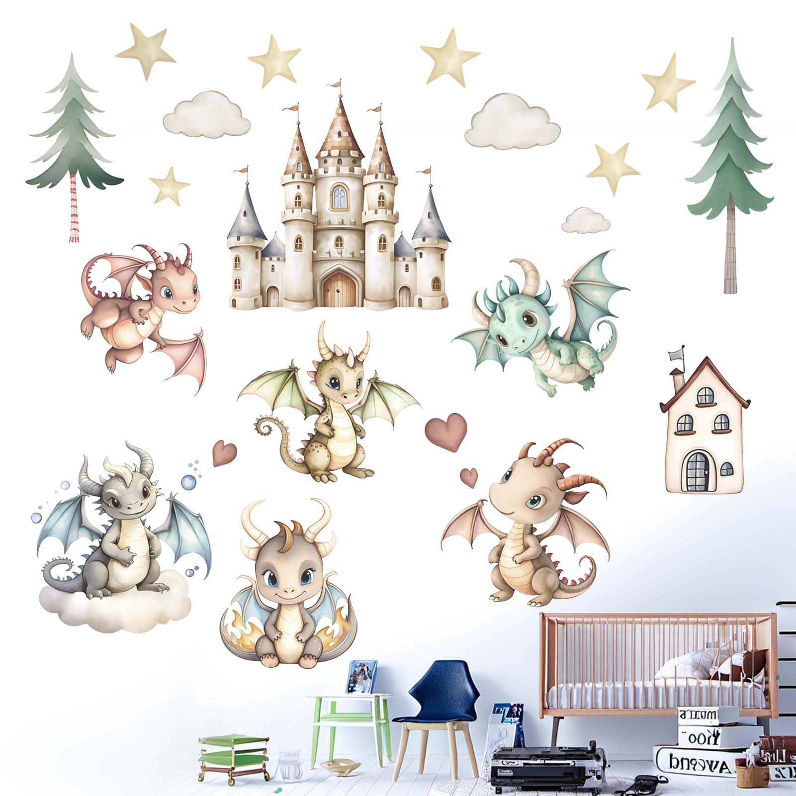 Baby Dragon Wall Stickers for Boys: Peel and Stick Cute Stars Clouds Tree Wall Decals - Wall Decor Art Kids Supplies Ages 1-12 Year - Image 2