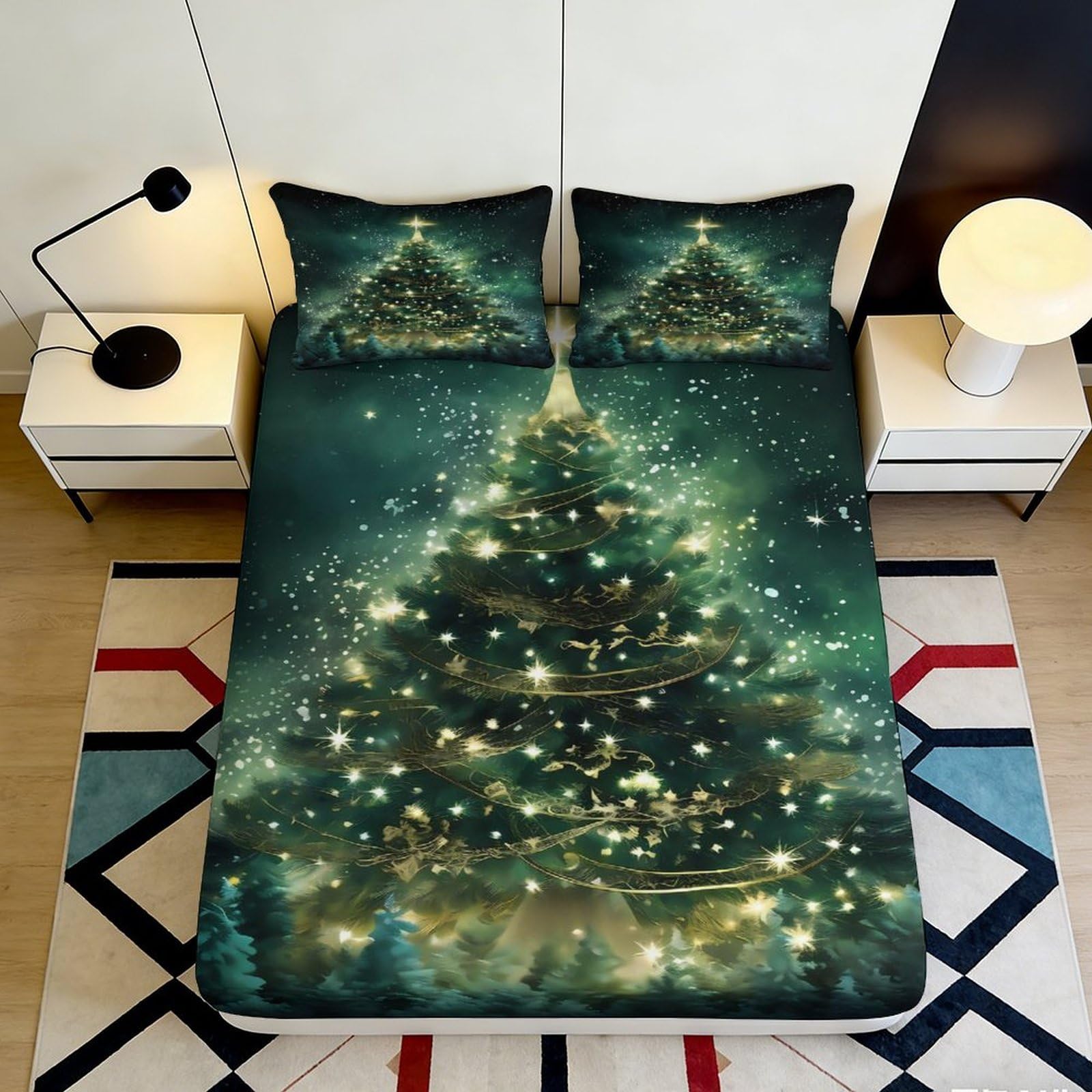 Pnayamiorkfel Style-4 3D Printed Christmas Tree Fitted Sheet Microfiber Soft Green Bedroom Decor Bed Cover For Home Dorm Guest Room 90X200x25cm