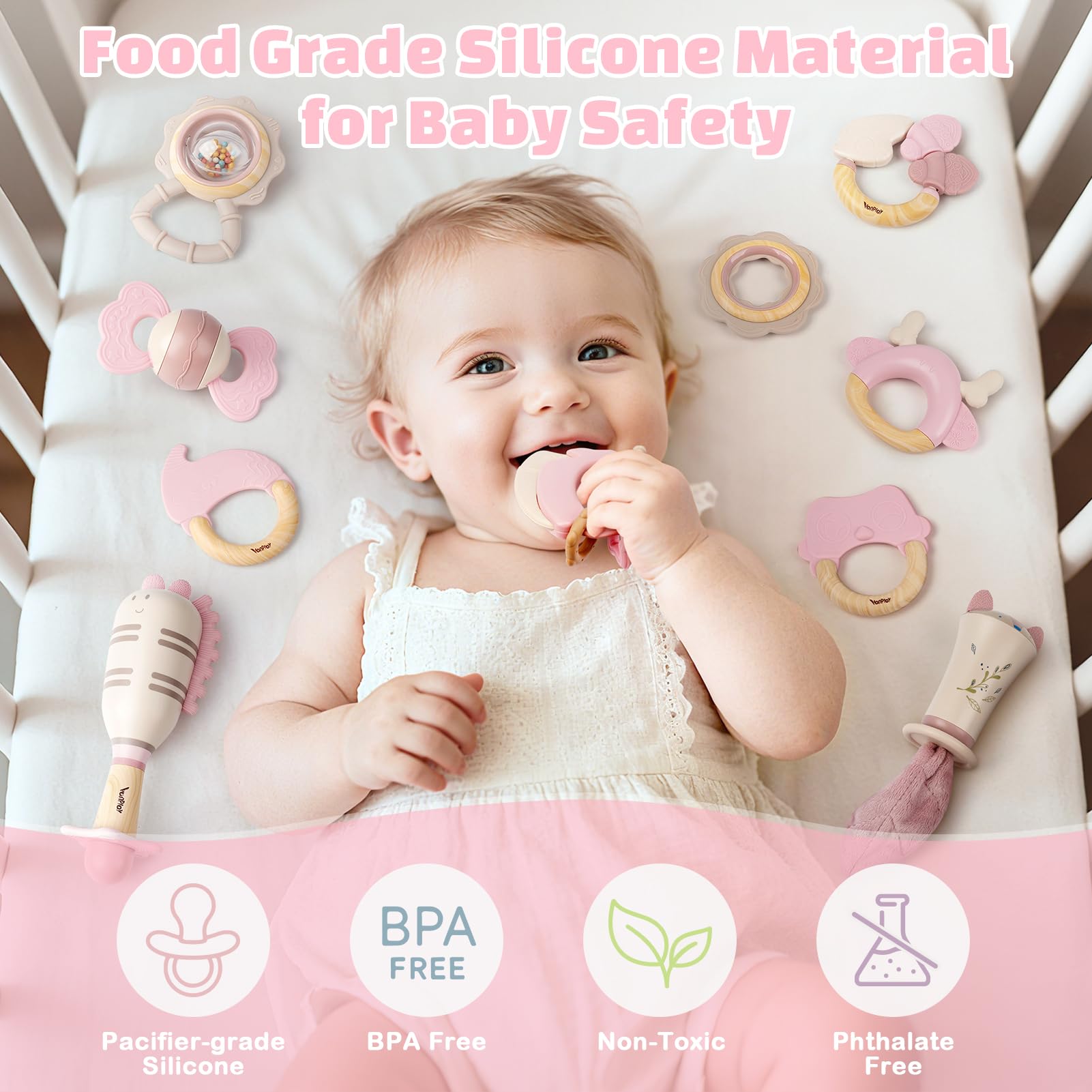 Baby Girl Baby Toys 0-6 Months Newborn Essentials 10pcs Rattles Teething Sensory with Storage Box(Pink), Pink colour - Image 4