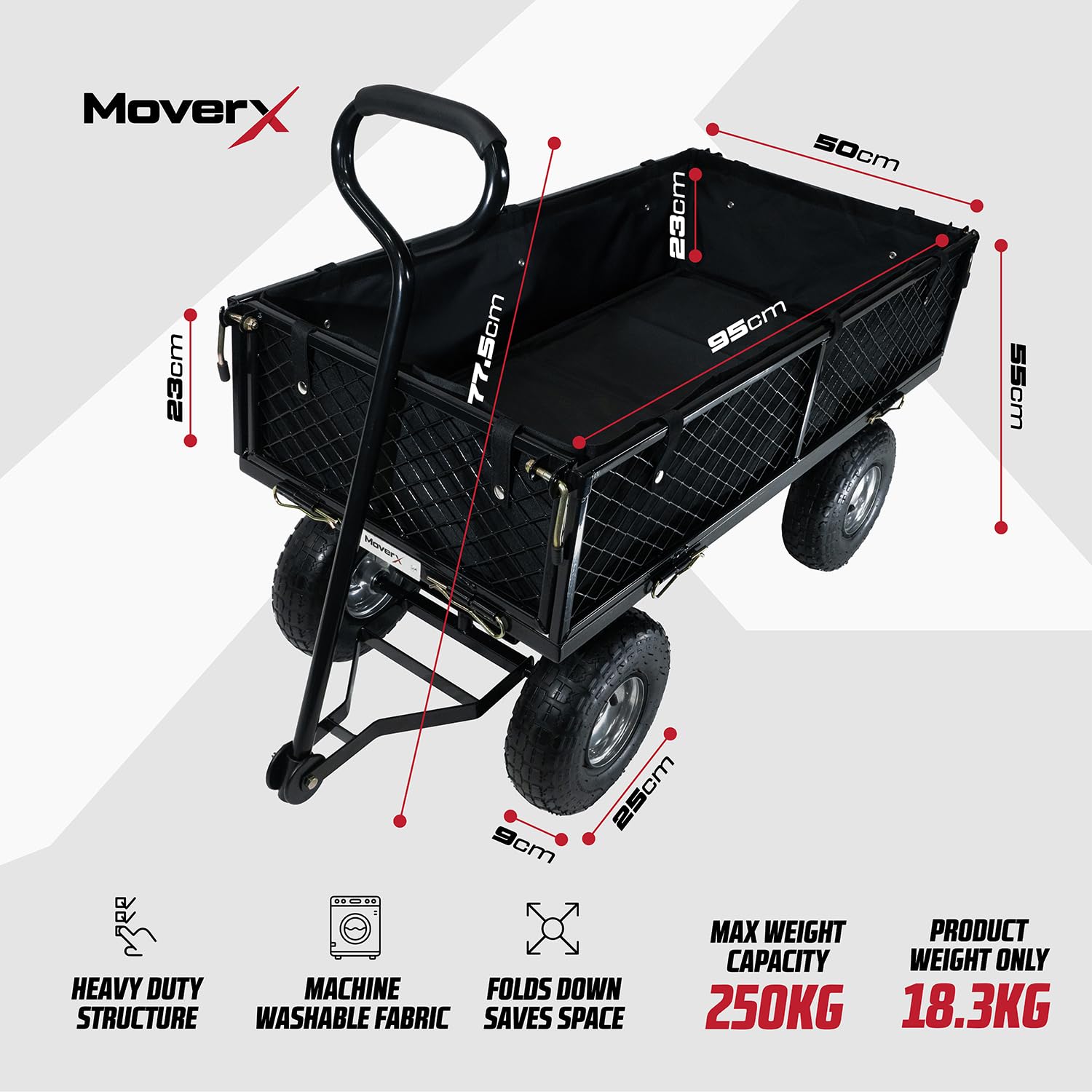 MoverX Chariot de jardin à roulettes - 250 kg - Chariot de camping robuste pour plage, extérieur, jardin, pique-nique, pêche, chariot à bûches, roues larges, noir
