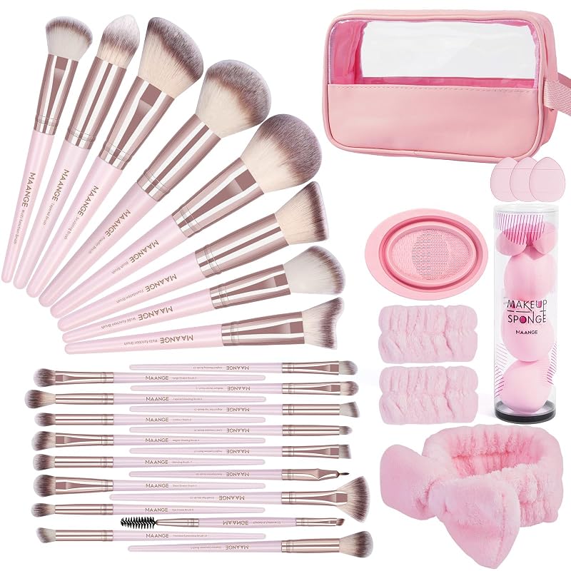 Kit de Pincéis de Maquiagem MAANGE com 42 Peças, Fibras Sintéticas, Esponjas, Puffs e Bolsa, Rosa