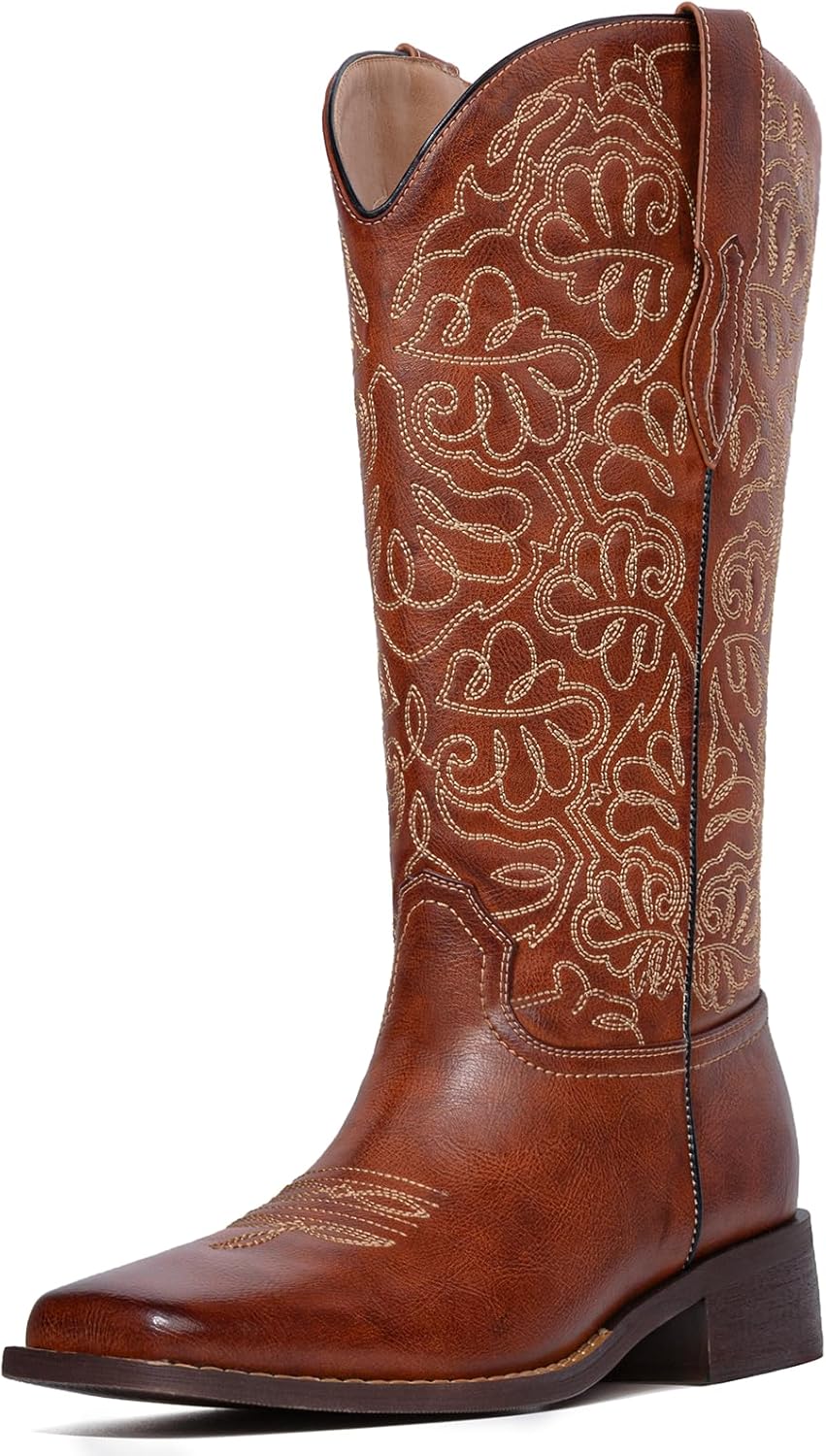 Western Cowboy Boots for Women Embroidered Square Toe Pull on Cowgirl Boots Women Chunky Heel Fashion Mid Calf Fall Boots for Country Music Festival