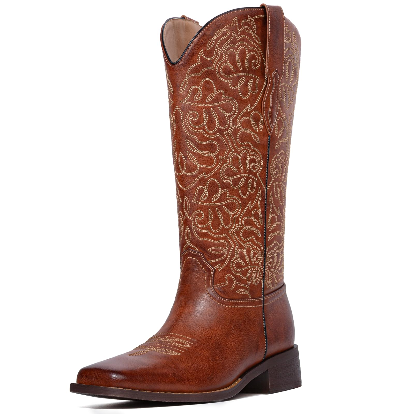 Western Cowboy Boots for Women Knee High Cowgirl Boots with Classic Embroidered, Pointed Toe Chunky Heel Fashion Retro Classic Pull On Tall Boot Women Fall Winter