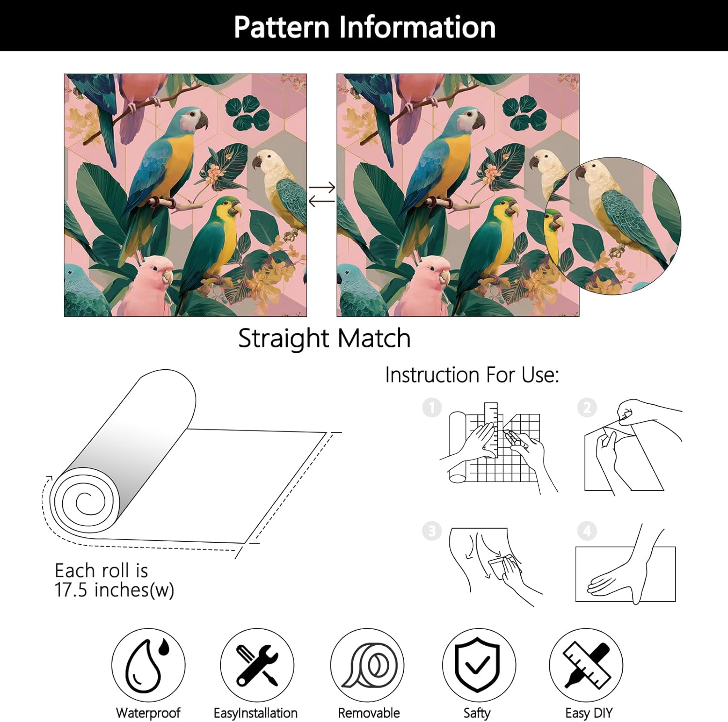 YENHOME Modern Tropical Bird & Botanical Peel and Stick Wallpaper Boho 17.5" X23ft Pink Green Parrot Geometric Removable Self-Adhesive Contact Paper for Bedroom Kitchen Nursery Accent Wall Décor