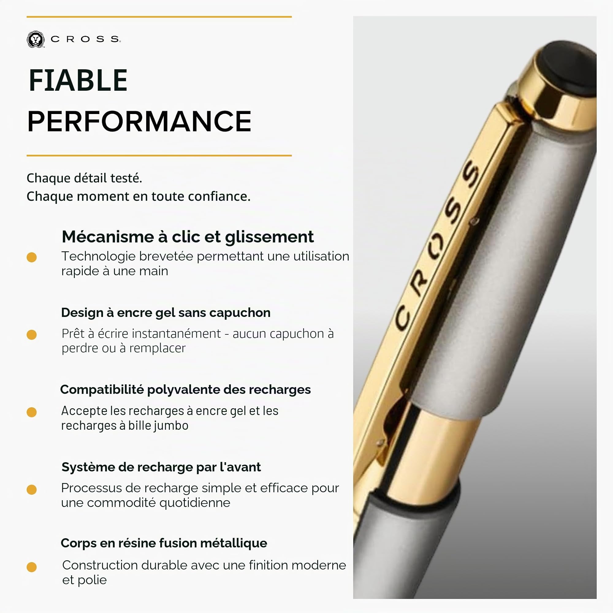 Cross Edge Stylo roller (épaisseur de trait M, couleur de l'encre : noir, rechargeable, avec boîte cadeau) titane mat et doré