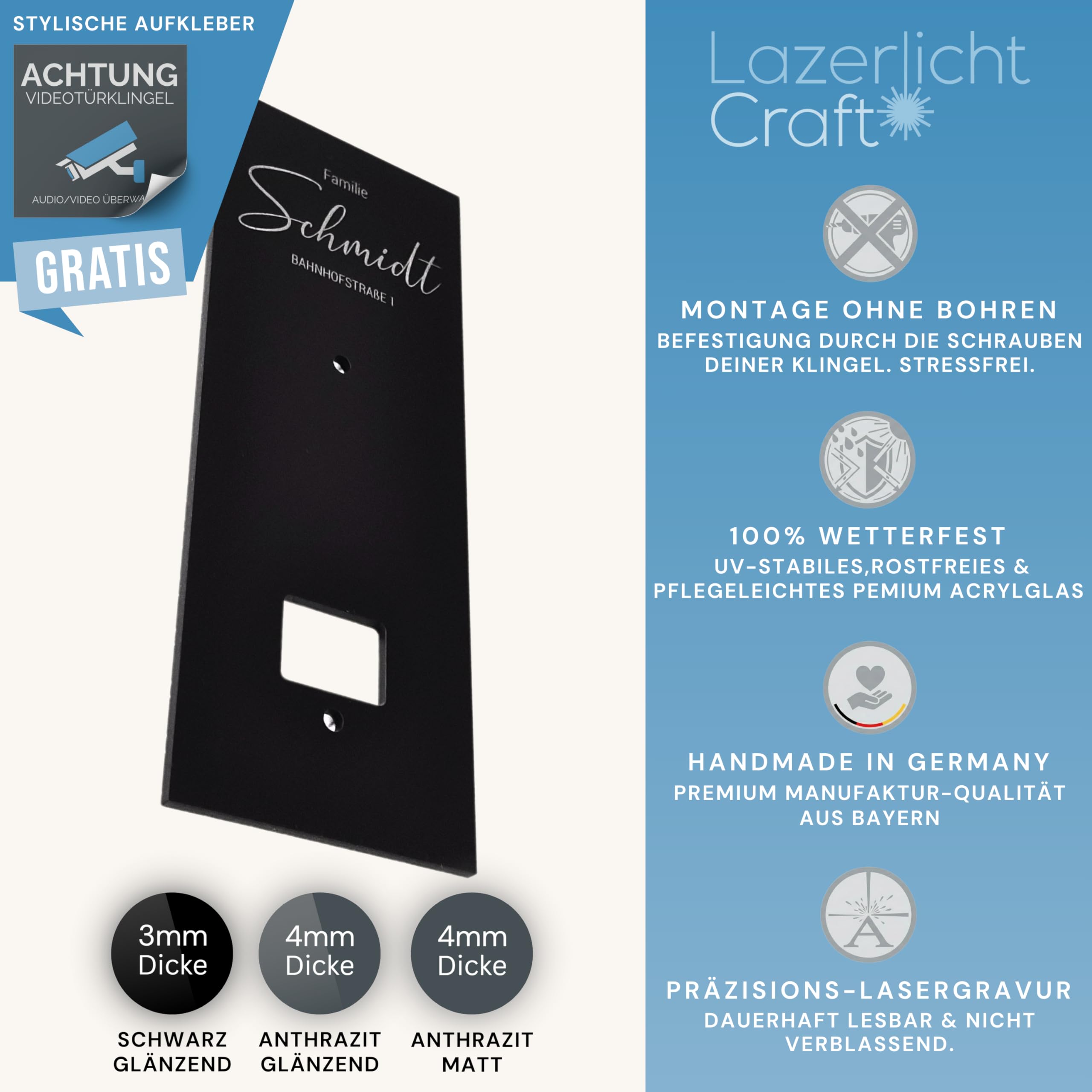 Klingelschild für Tapo D205, D235, D210 und D230S1 personalisiert – Acrylglas Blende mit Wunschgravur – Schwarz glänzend oder Anthrazit matt – Türklingel Zubehör