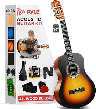 Pyle Beginner Acoustic Guitar Kit, 1/2 Junior Size All Wood Instrument with Full Accessory Kit, Picks, Shoulder Strap, Carry Case, Cleaning Cloth, Tuner App, 2 Month Lessons, 34