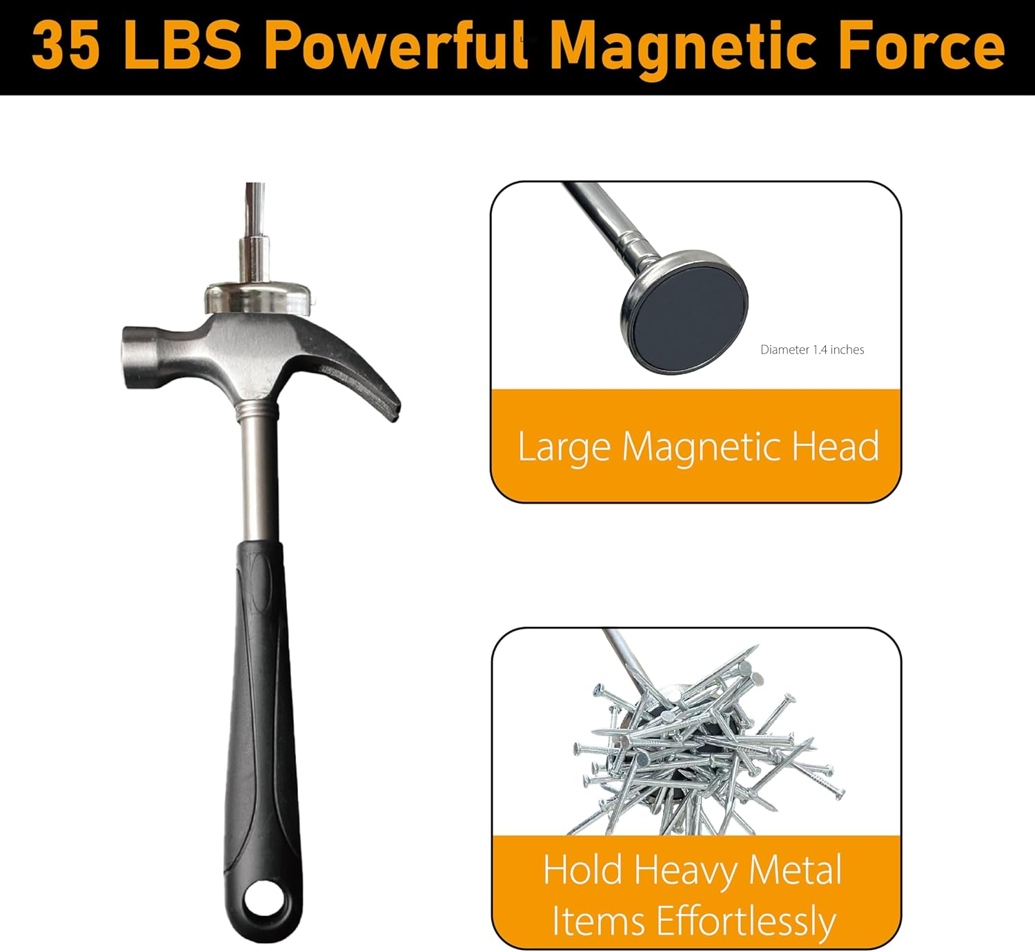 Telescoping Magnetic Pickup Tool, 40” Extendable Large Magnet Stick with 35 LB Pull Capacity, Strong Handheld Magnet Pick up Tool for Retrieving Nails, Screws and Metal Objects (Orange)