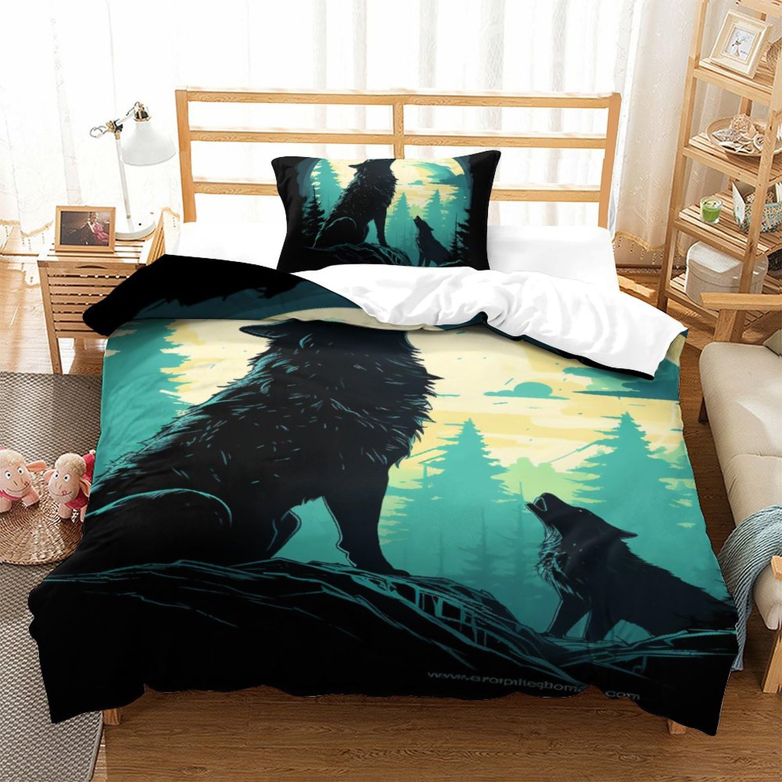 Parure de lit loup 2 pièces en microfibre 135x200 cm pour chambre d'enfant